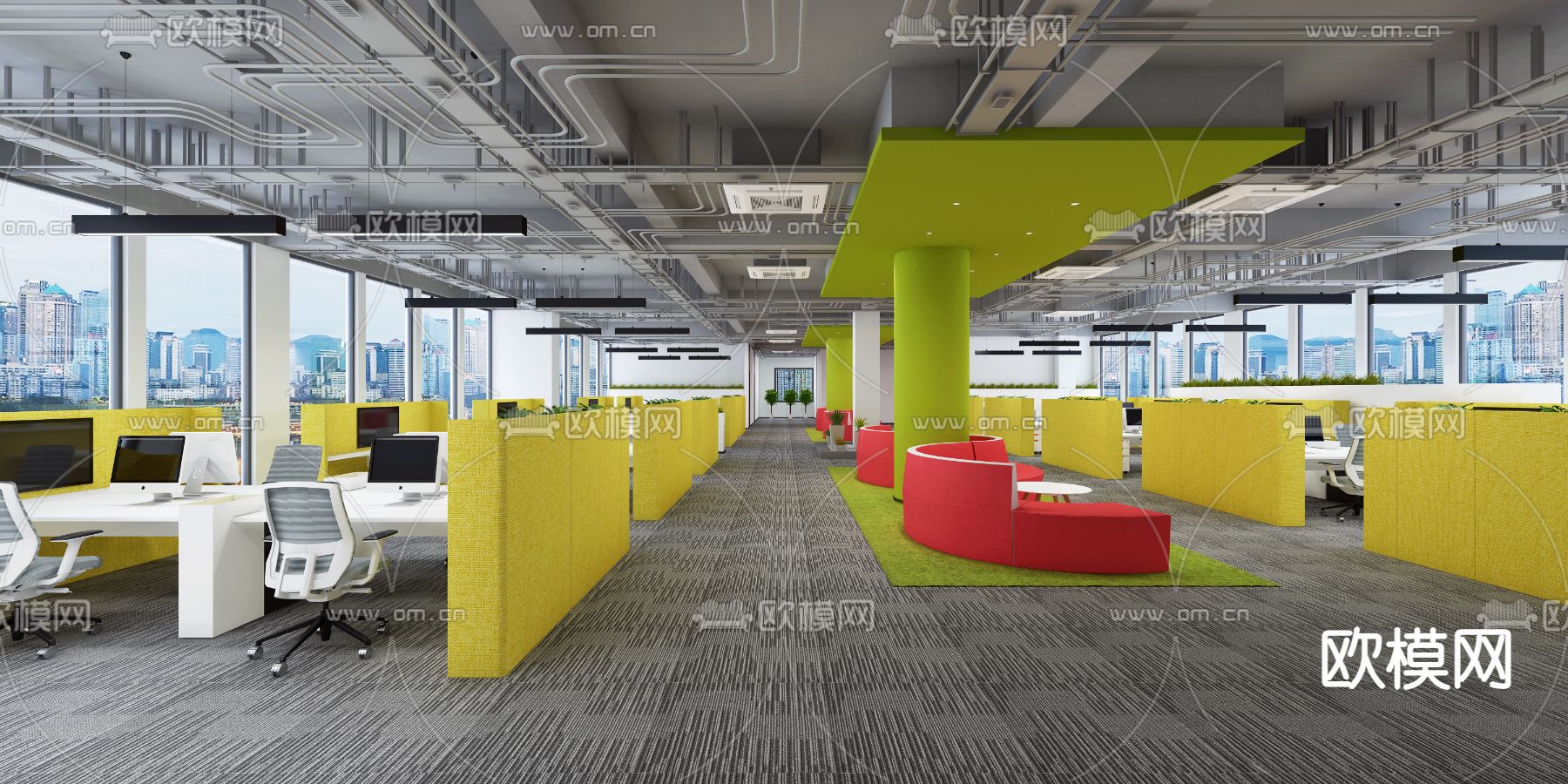 现代办公室办公区休息区3d模型下载（渲染图1）