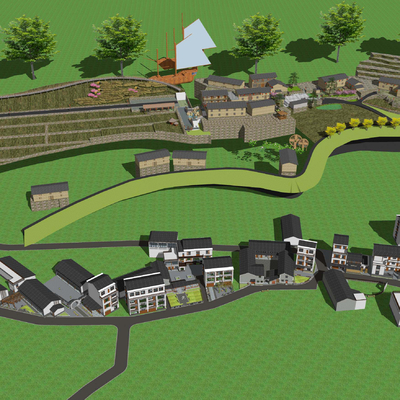  中式美丽乡村鸟瞰su模型 