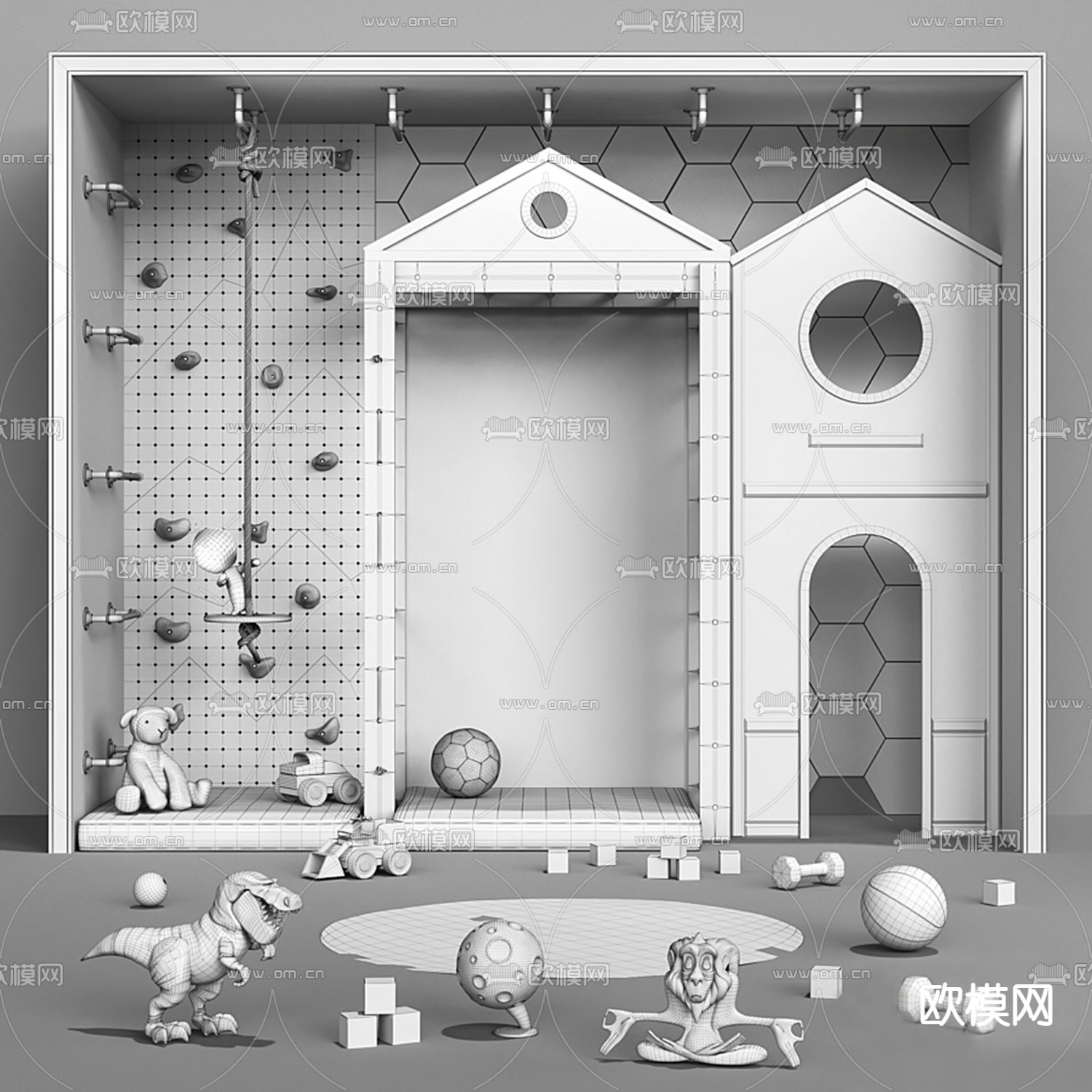 现代原木儿童攀爬墙涂鸦黑板3d模型下载（渲染图3）