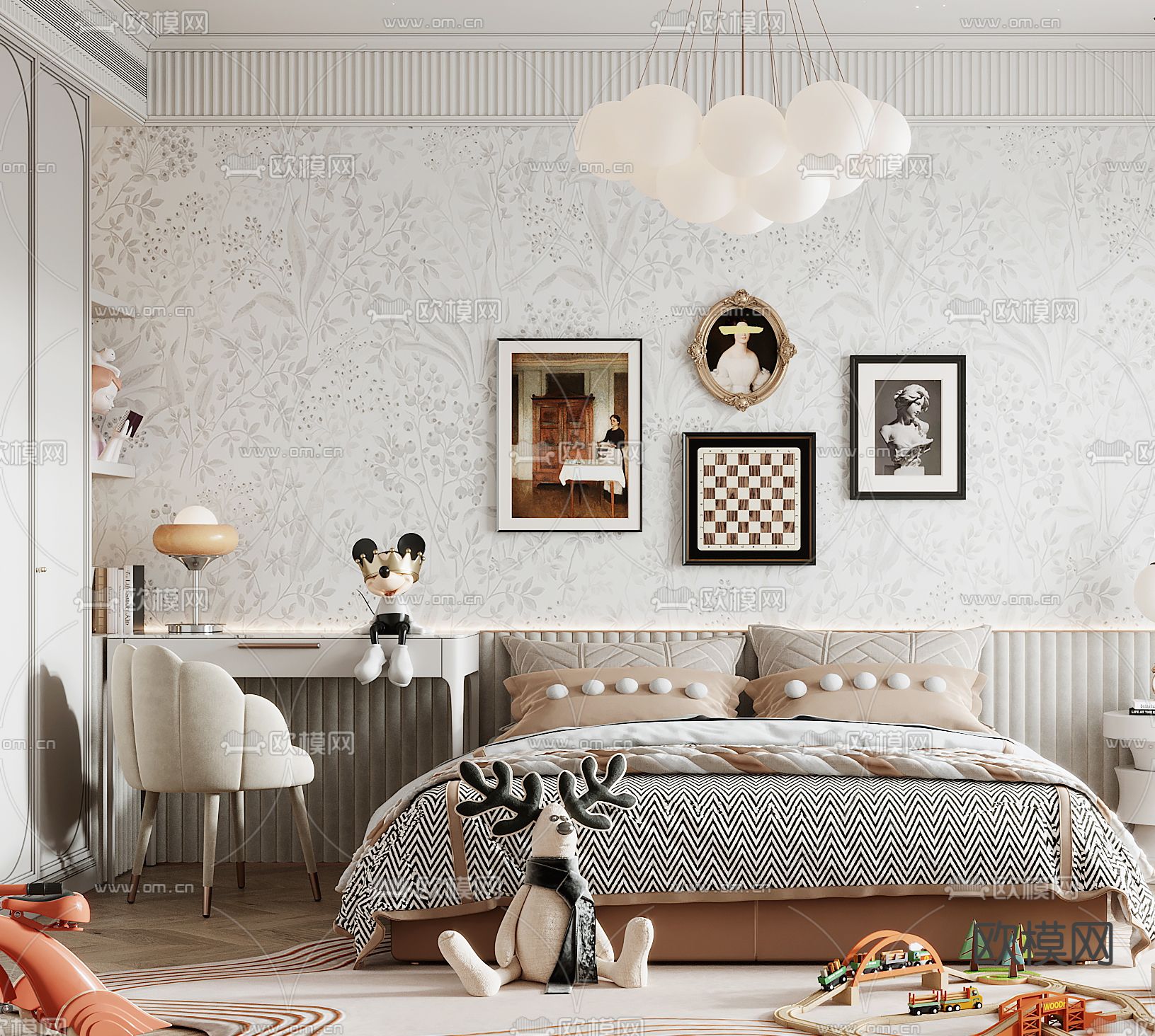 法式卧室儿童房3d模型下载（渲染图2）