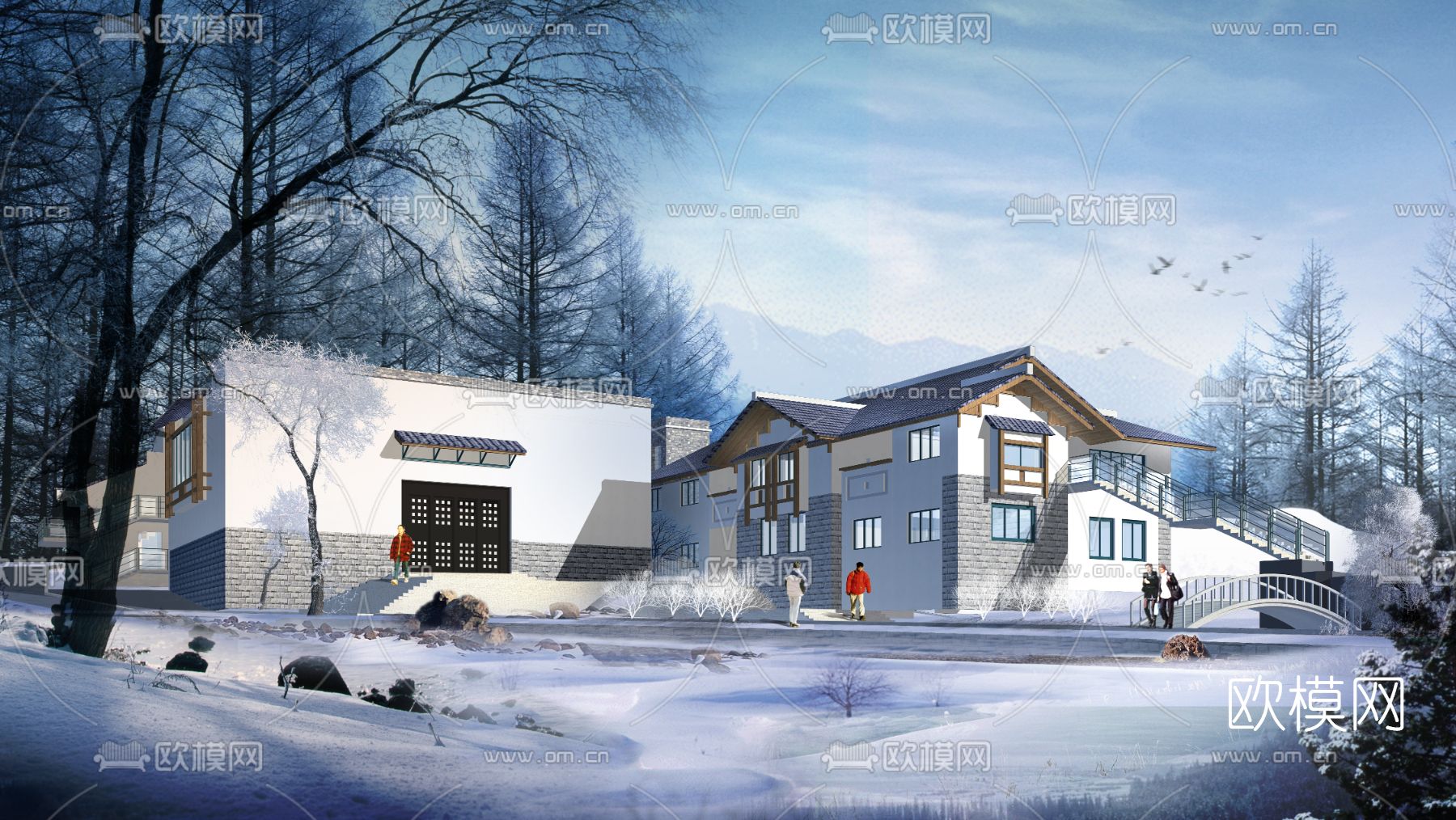 现代住宅楼外观雪景psd下载