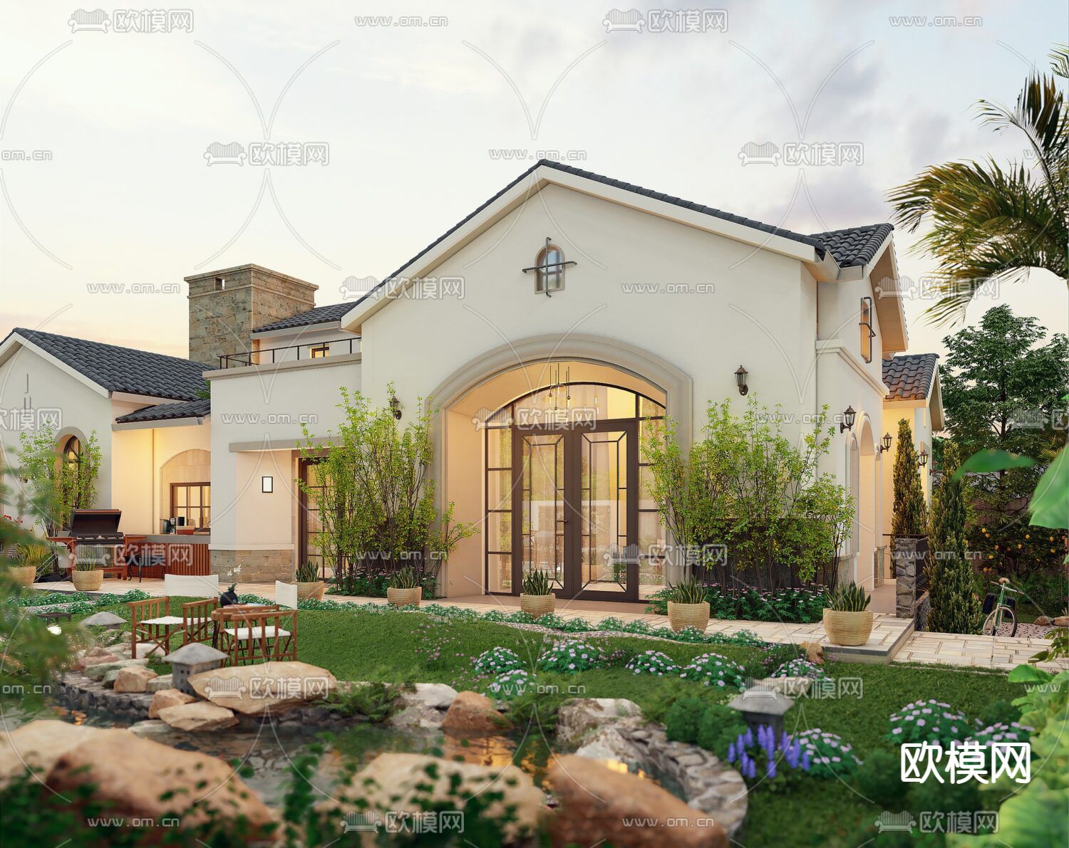 地中海独栋别墅外观su模型下载（渲染图2）