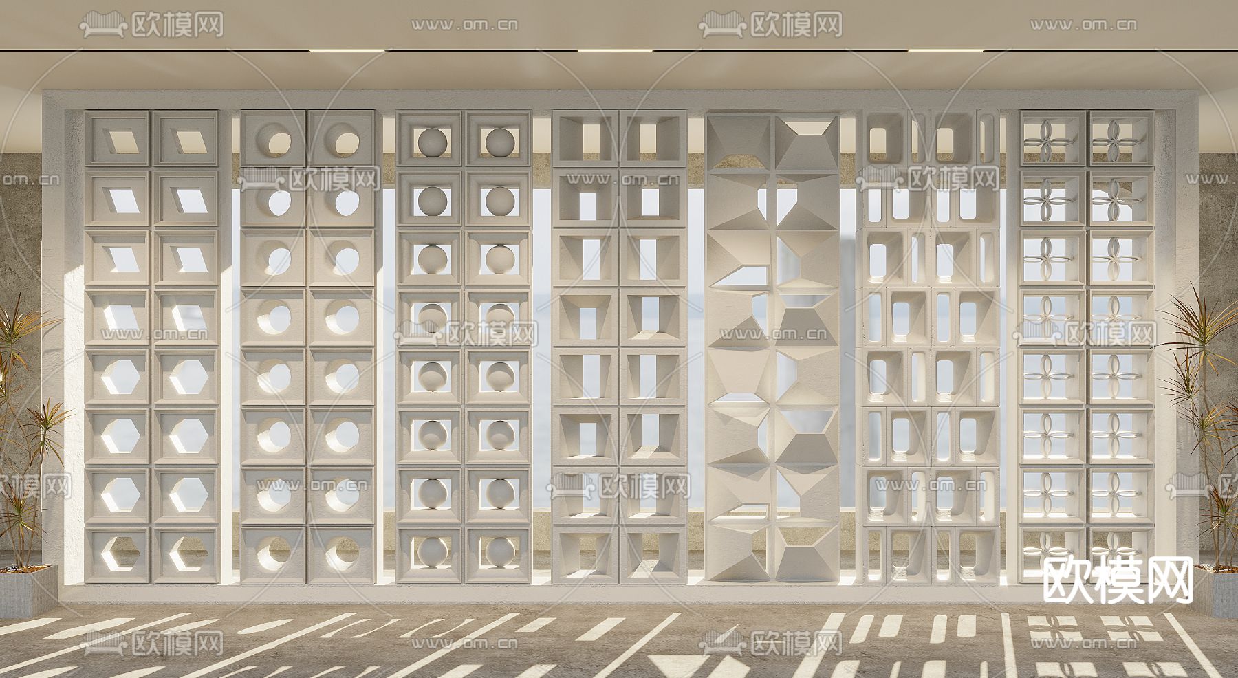 侘寂水泥镂空屏风隔断3d模型下载