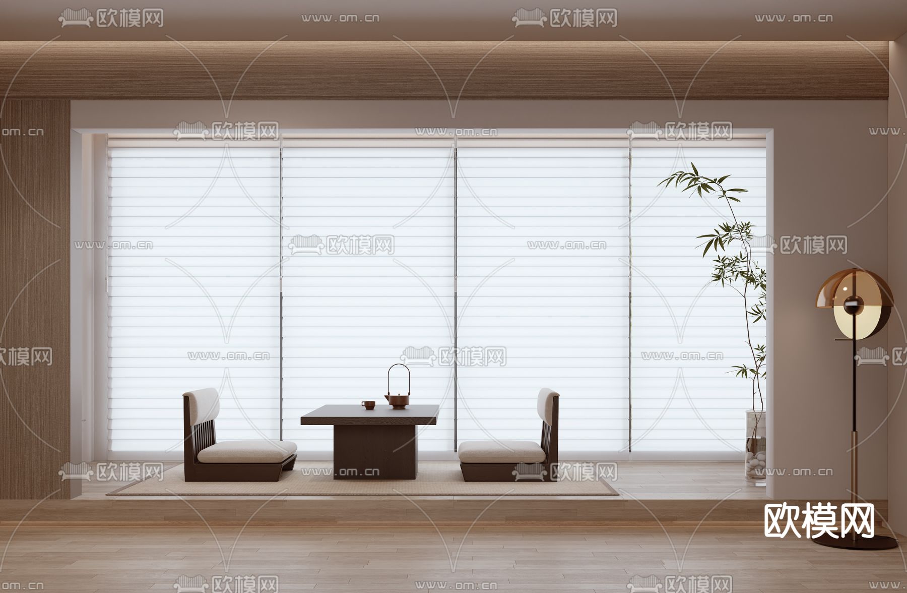 日式茶桌椅百叶窗帘3d模型下载