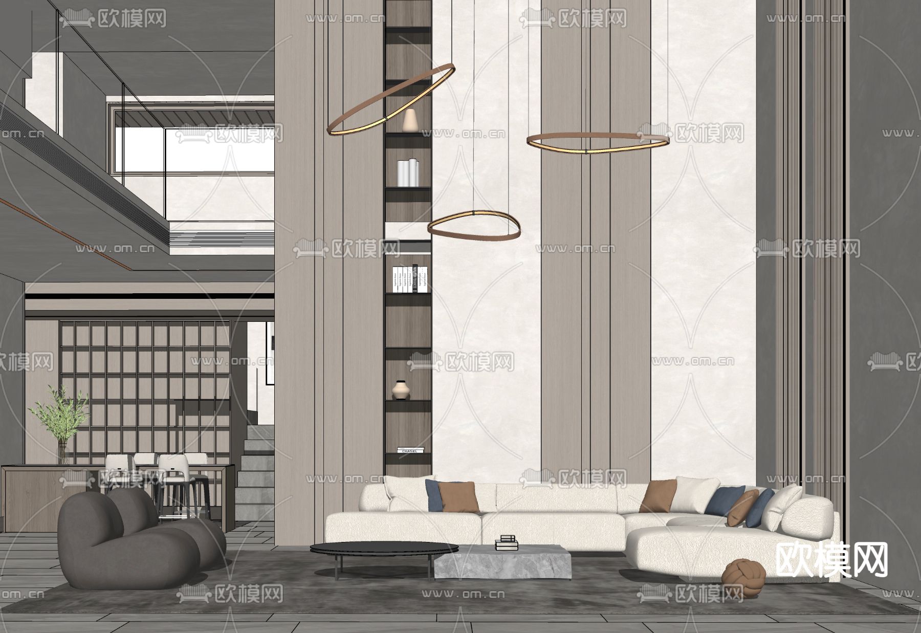 现代别墅挑高客厅su模型下载（渲染图2）
