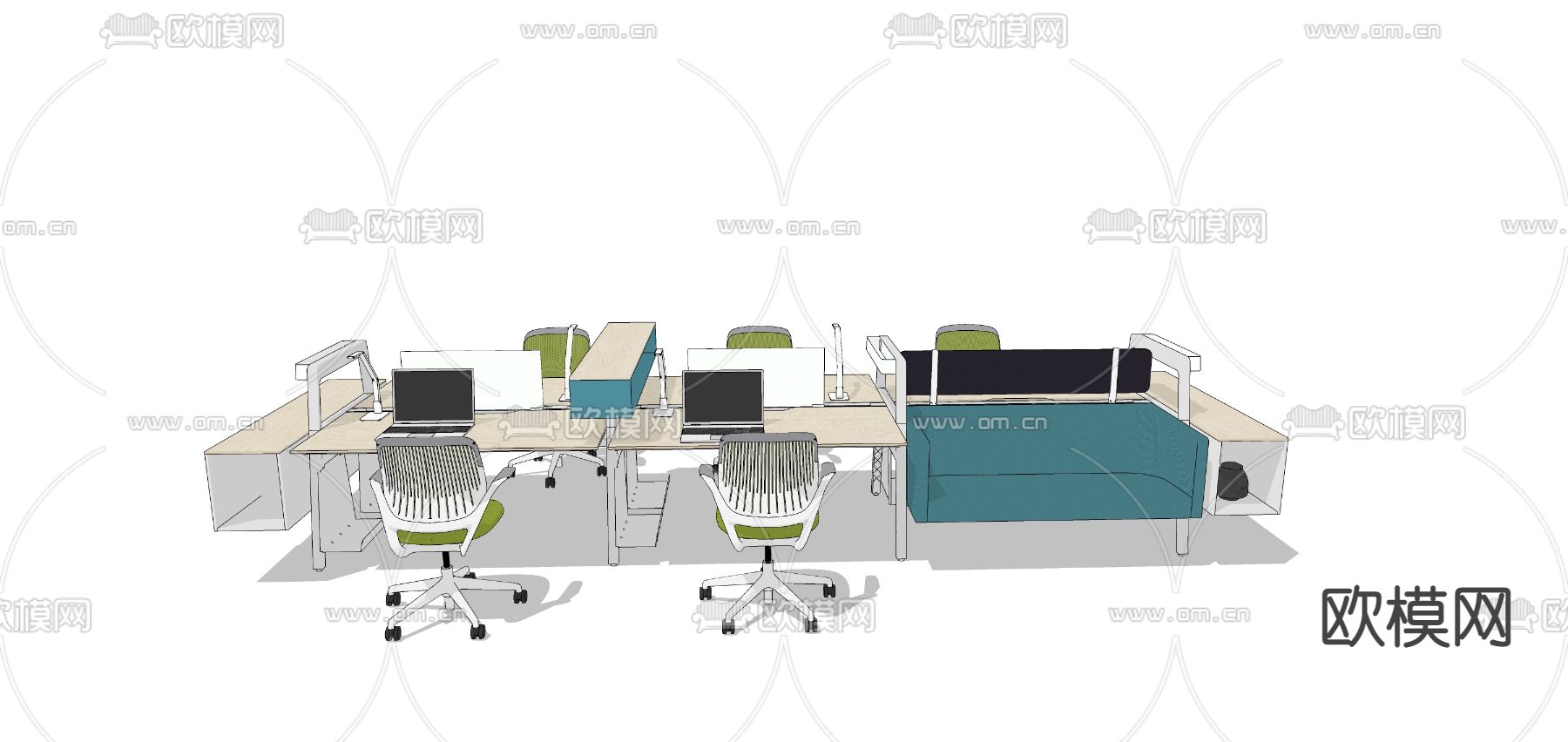 现代屏风卡位办公桌椅su模型下载（渲染图2）