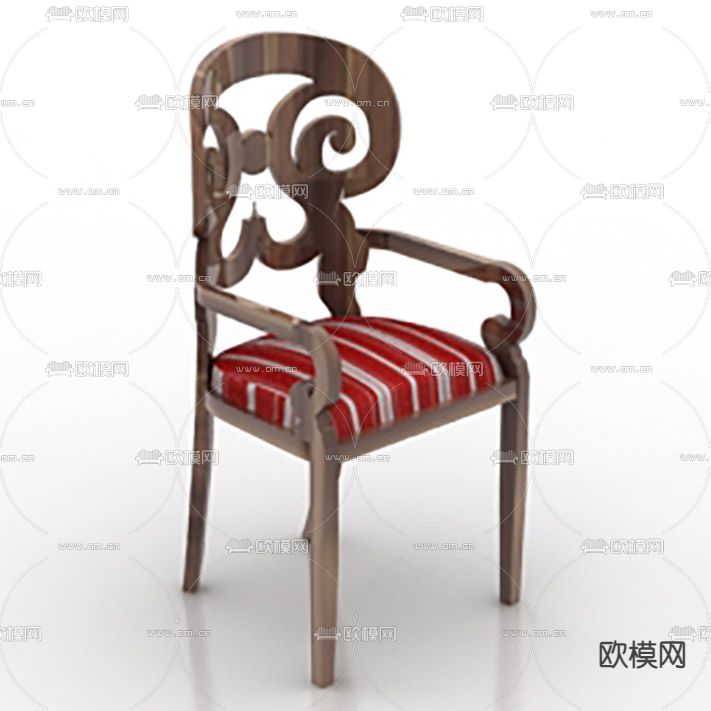 美式复古实木雕花条纹布艺休闲椅免费3d模型下载
