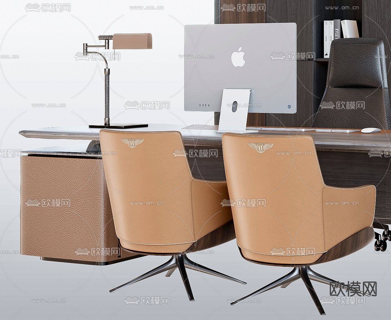 现代实木班台桌椅3d模型下载（渲染图3）