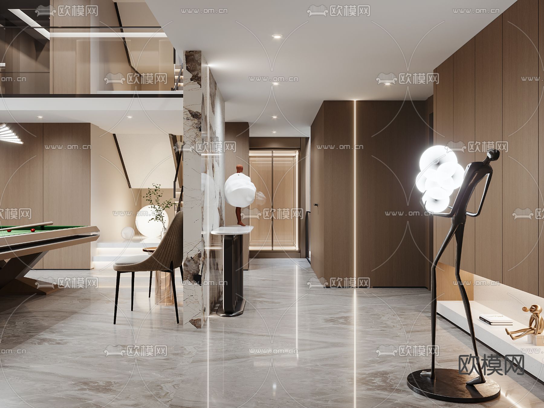 现代挑空别墅台球室休闲客厅3d模型下载（渲染图4）