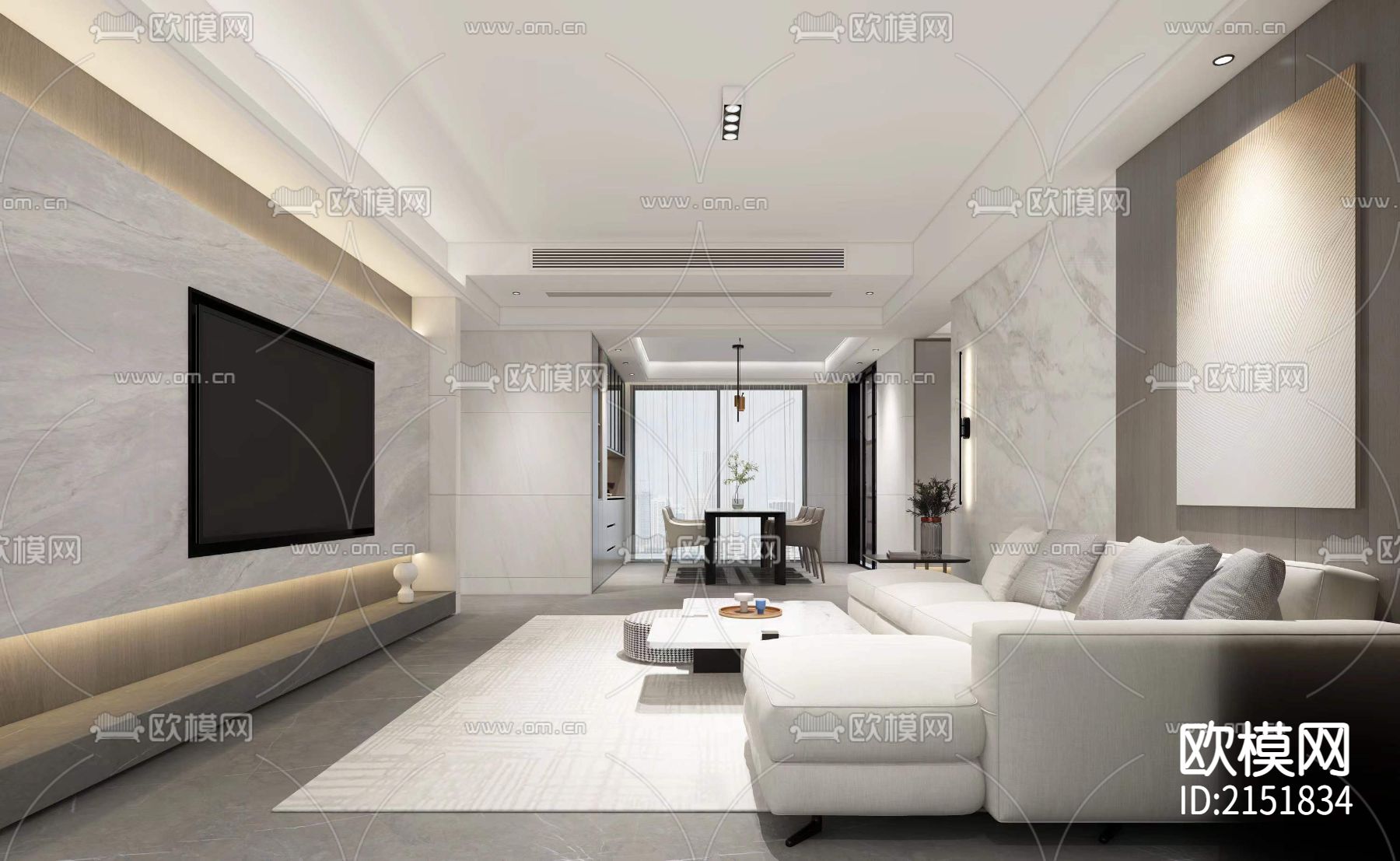 150平现代简约轻奢样板房CAD施工图下载（渲染图2）