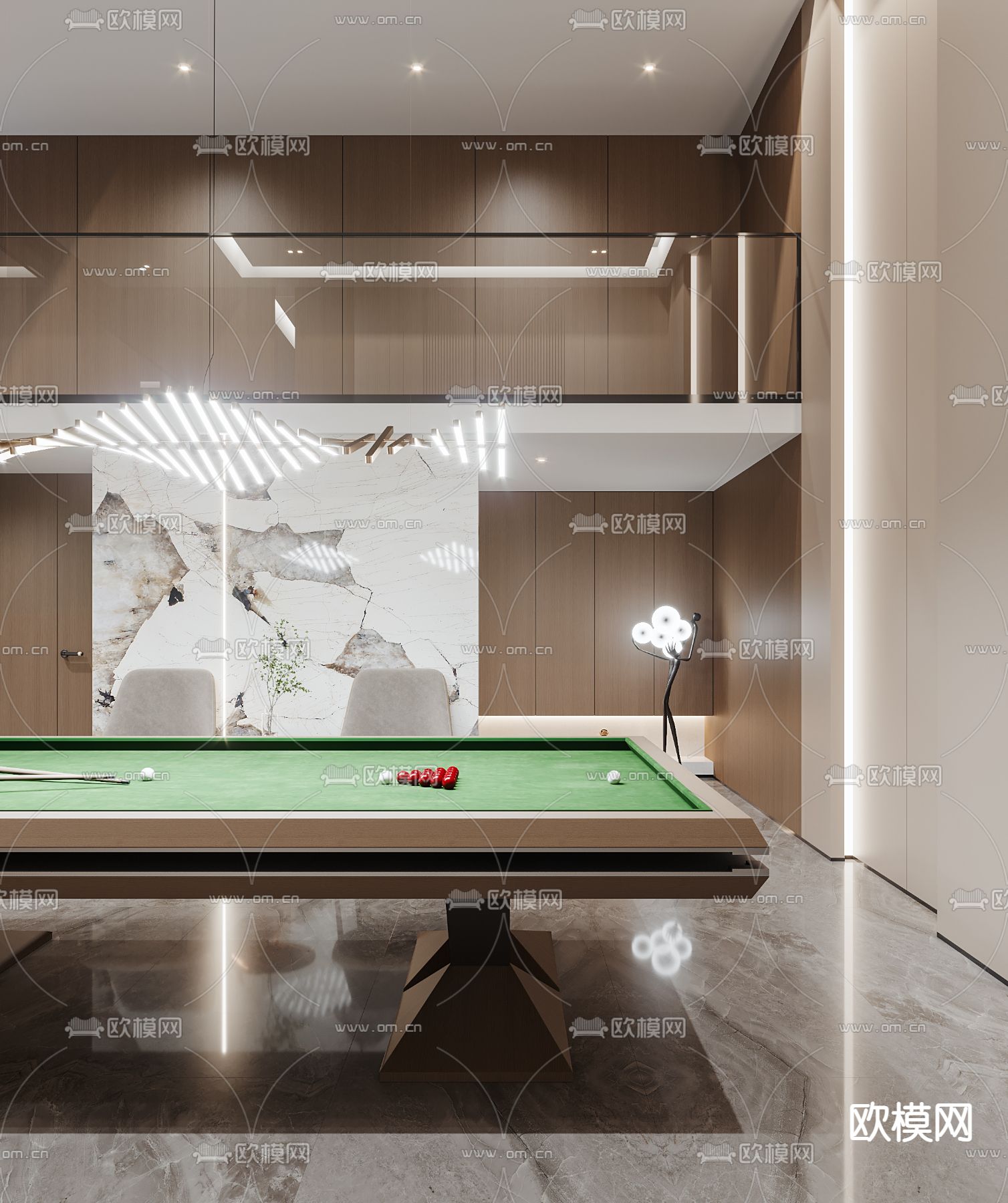 现代挑空别墅台球室休闲客厅3d模型下载（渲染图2）