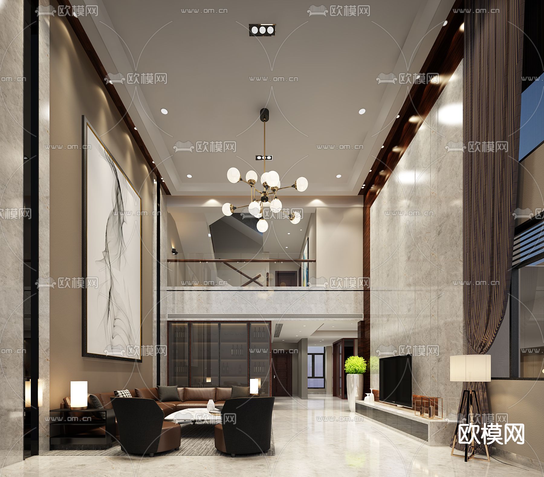 现代轻奢挑空别墅客厅餐厅免费3d模型下载（渲染图1）