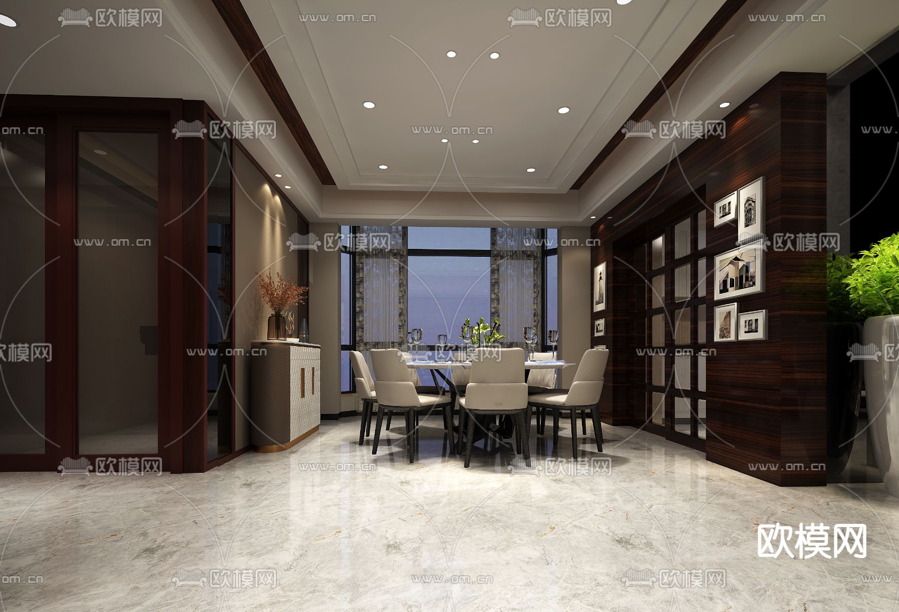 现代轻奢挑空别墅客厅餐厅免费3d模型下载（渲染图4）