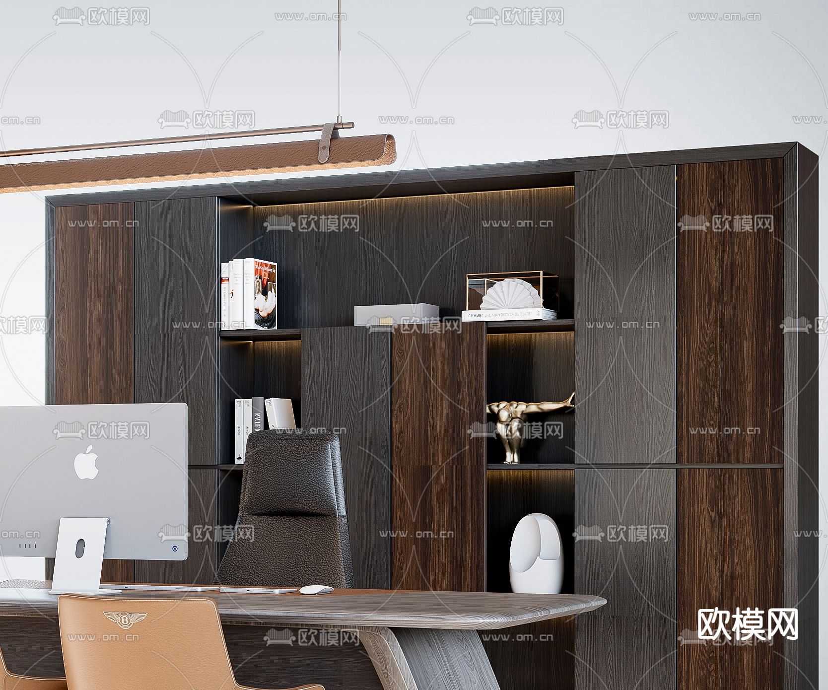 现代实木班台桌椅3d模型下载（渲染图2）