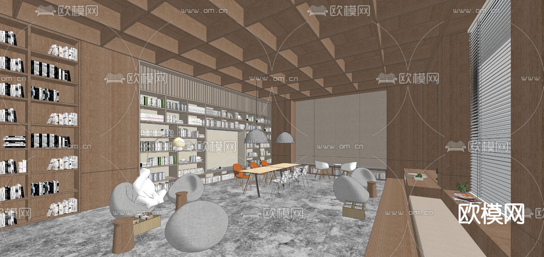 现代图书馆阅读区su模型下载（渲染图1）