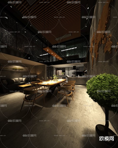 现代高级灰餐厅免费3d模型下载(渲染图1)