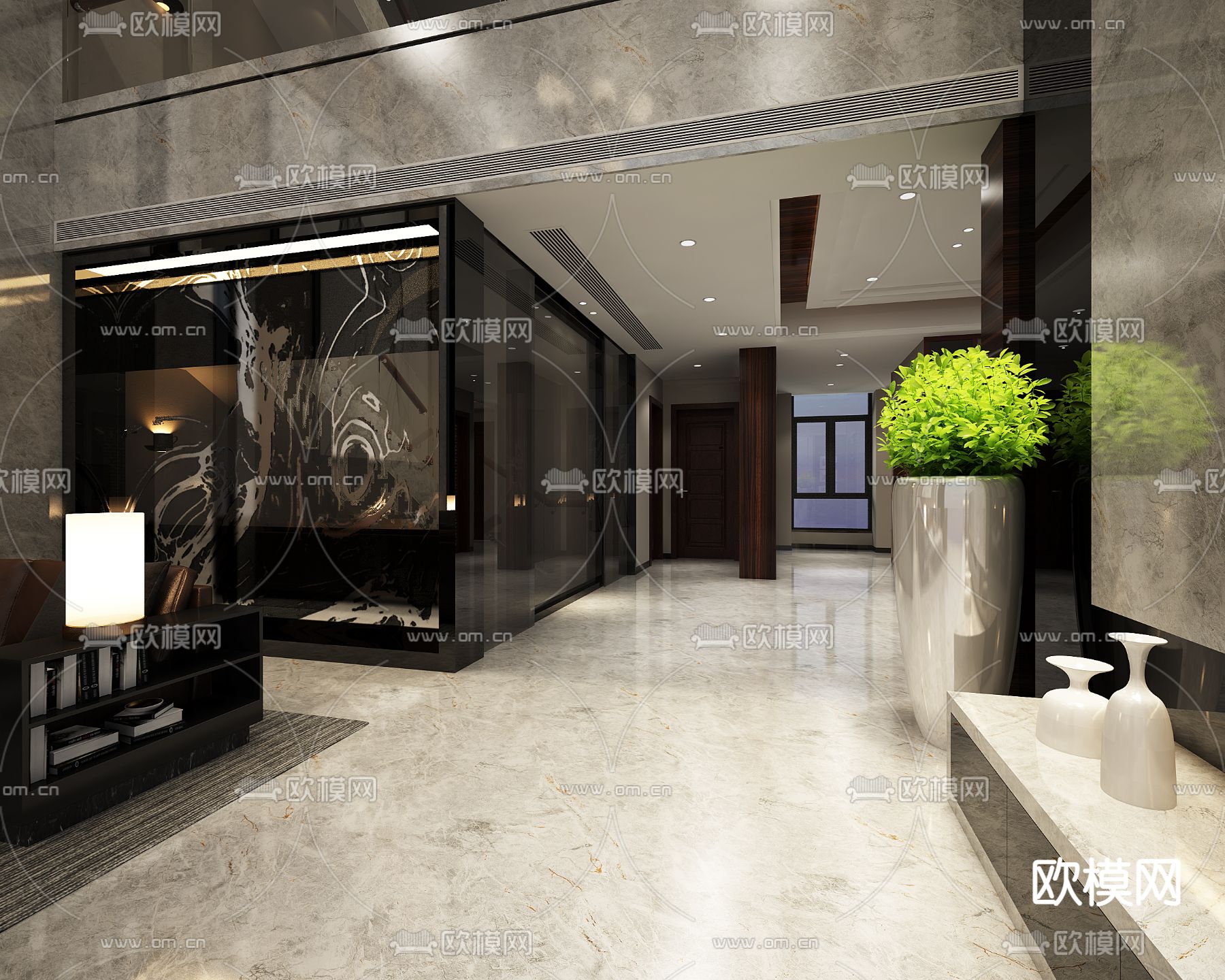 现代轻奢挑空别墅客厅餐厅免费3d模型下载（渲染图2）