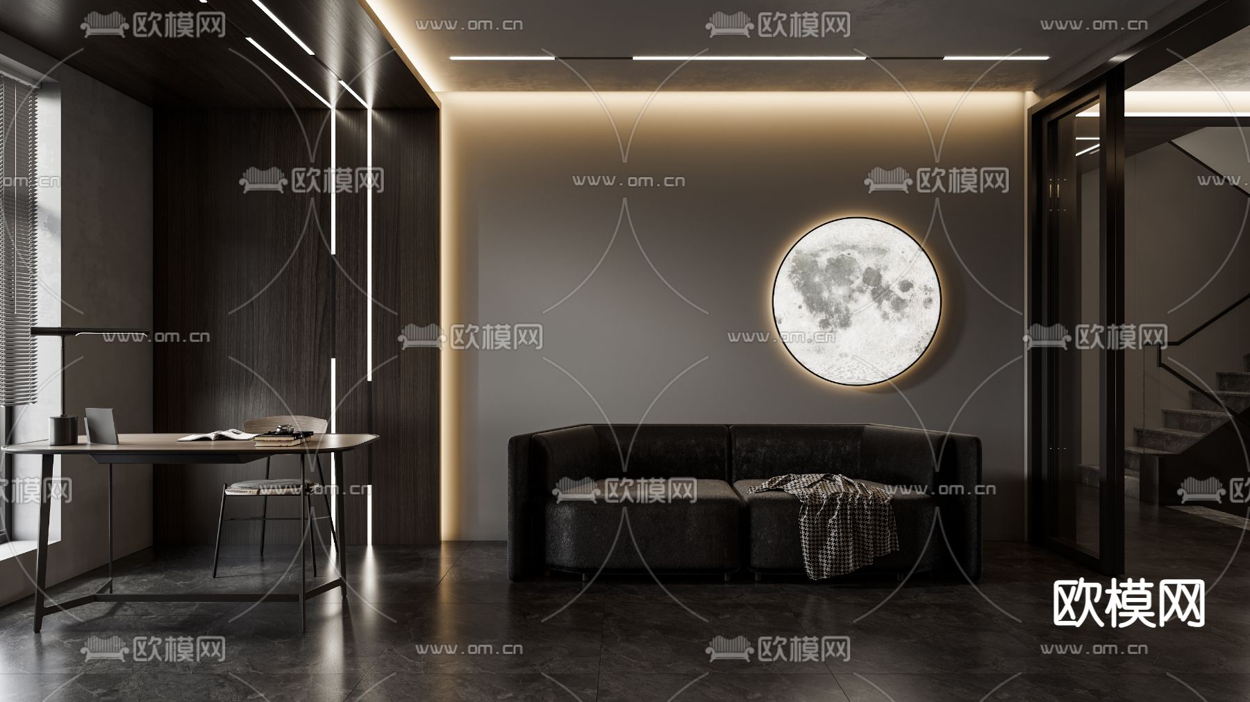现代高级灰客餐厅3d模型下载（渲染图2）
