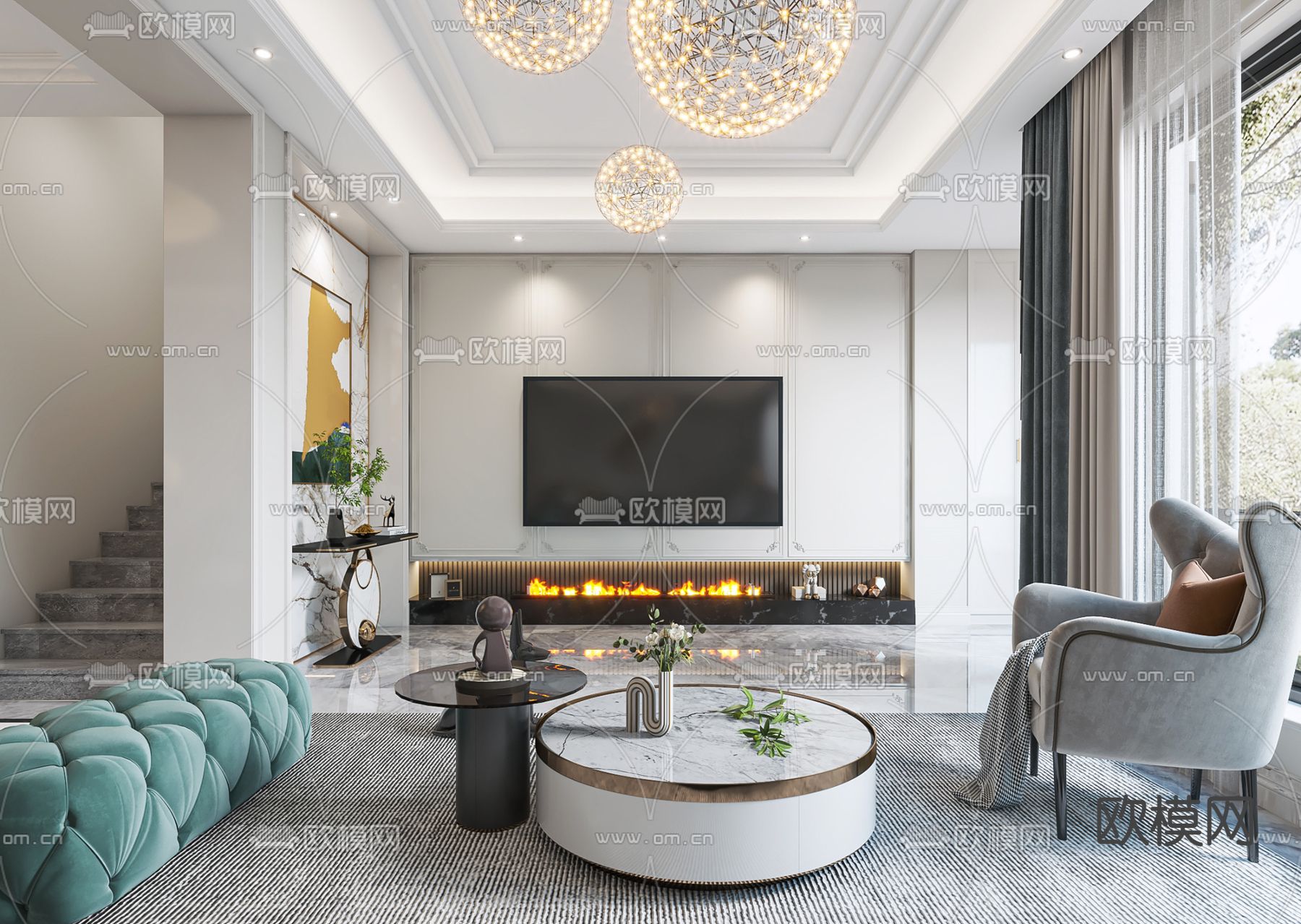 简欧轻奢客厅餐厅3d模型下载（渲染图2）