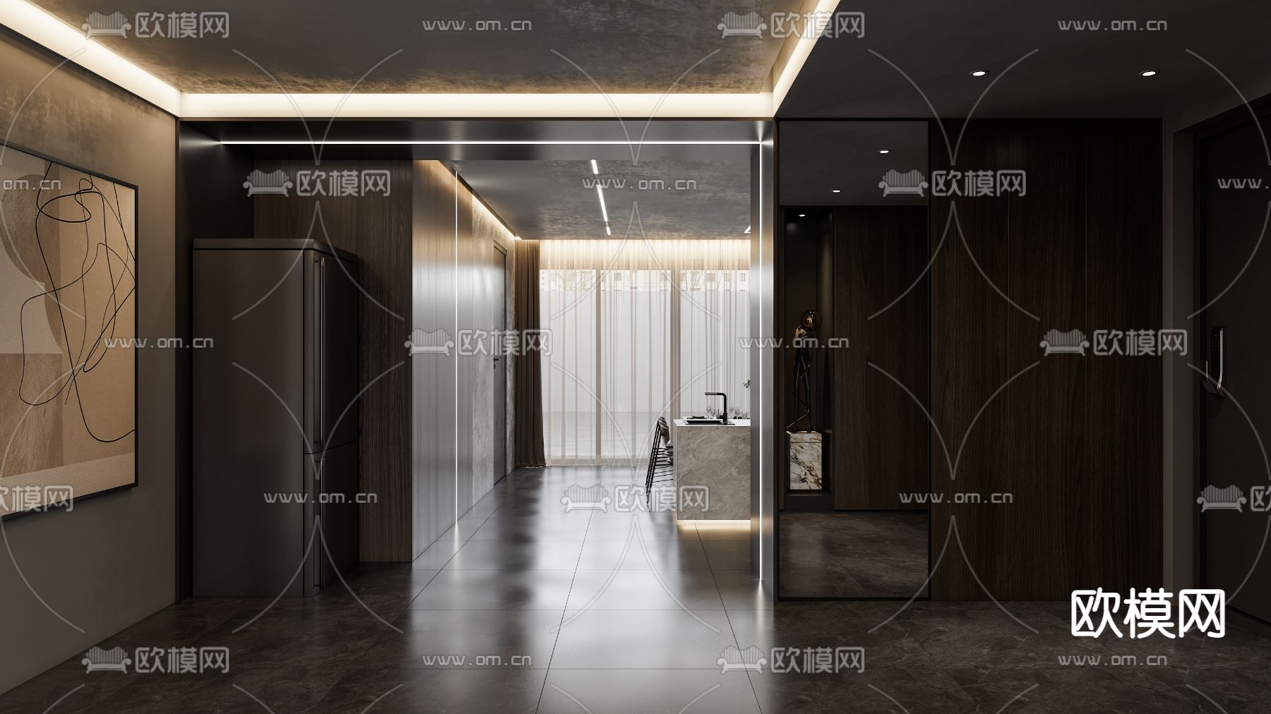 现代高级灰客餐厅3d模型下载（渲染图3）