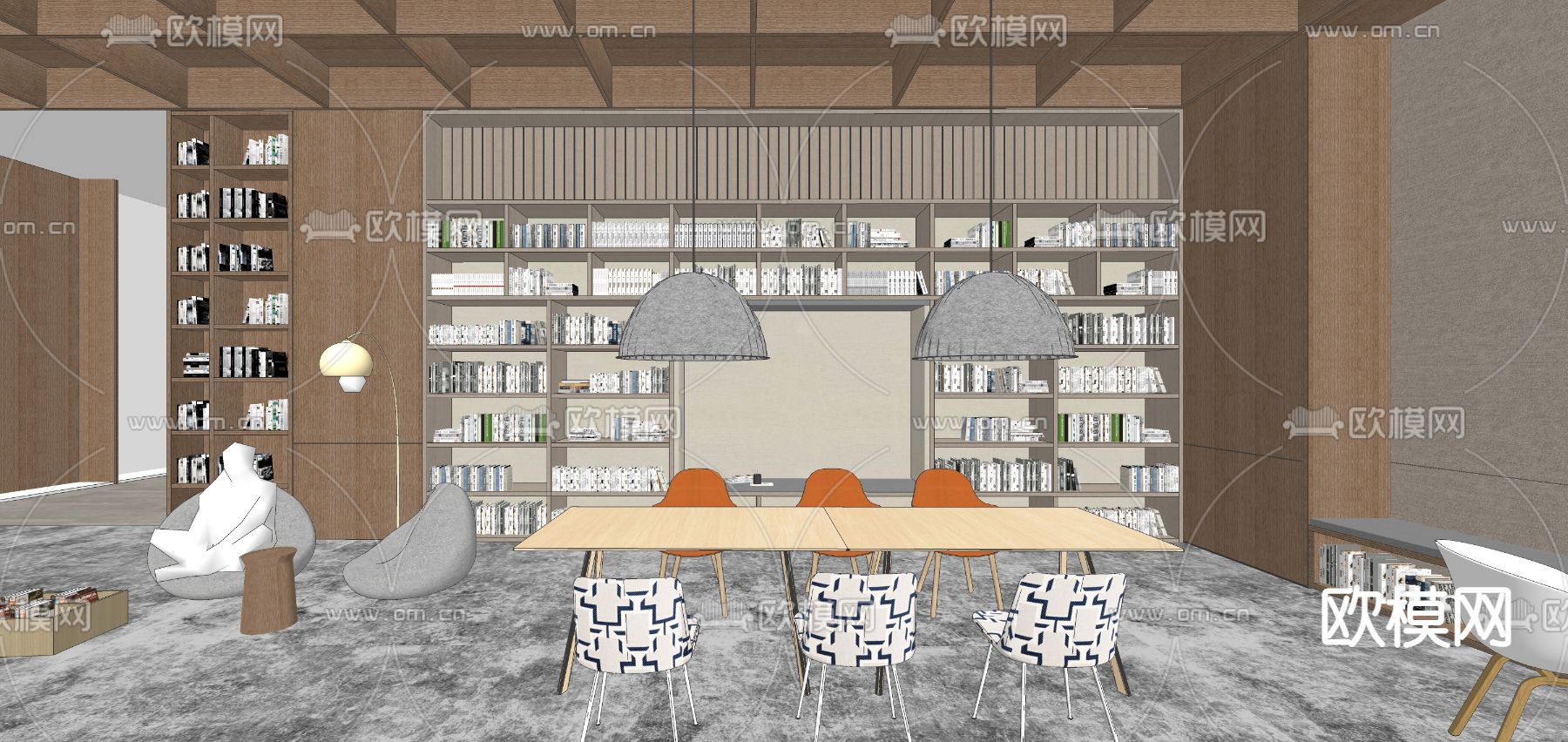 现代图书馆阅读区su模型下载（渲染图2）