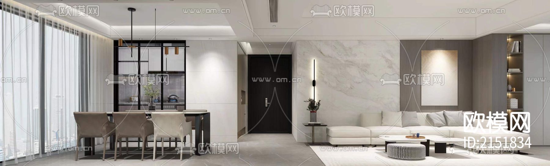 150平现代简约轻奢样板房CAD施工图下载（渲染图1）