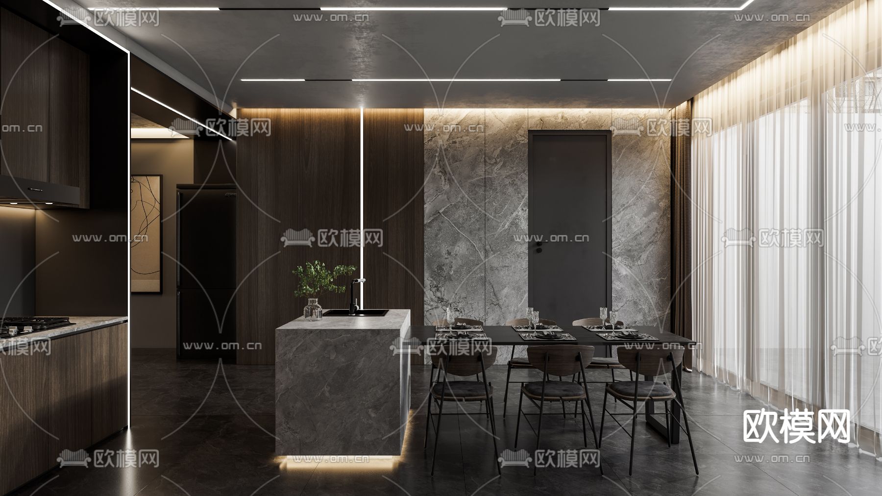 现代高级灰客餐厅3d模型下载（渲染图4）