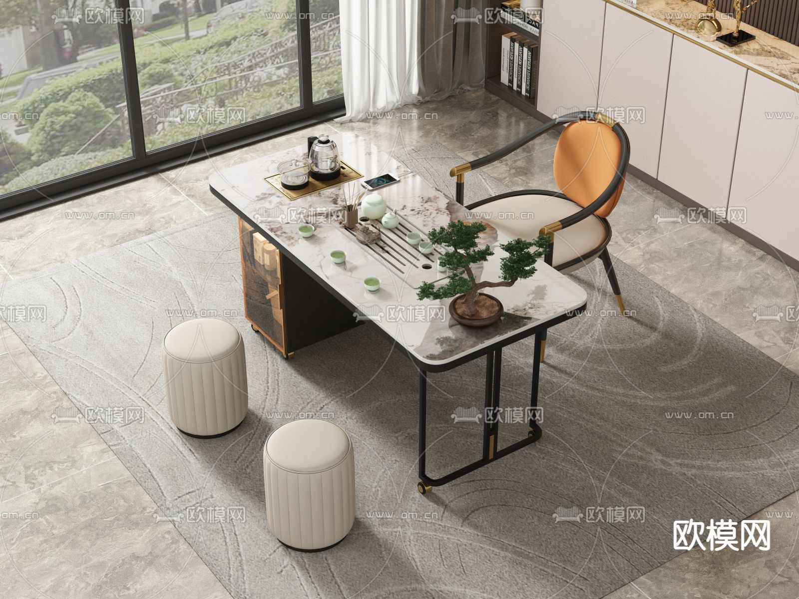 现代大理石茶桌椅3d模型下载（渲染图1）