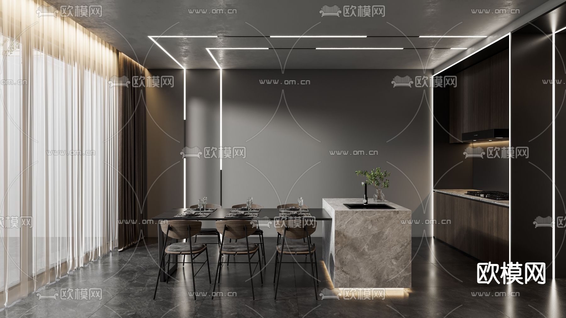 现代高级灰客餐厅3d模型下载（渲染图6）