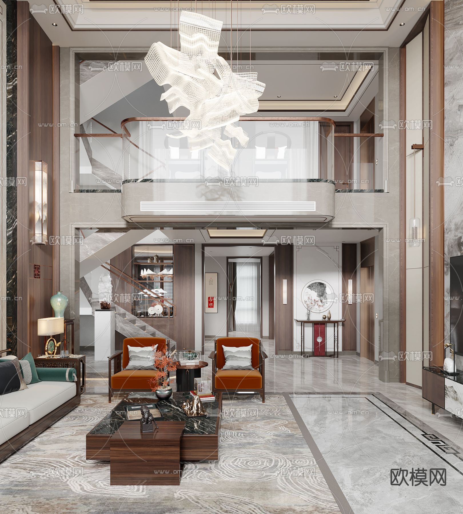 新中式挑空别墅客厅餐厅3d模型