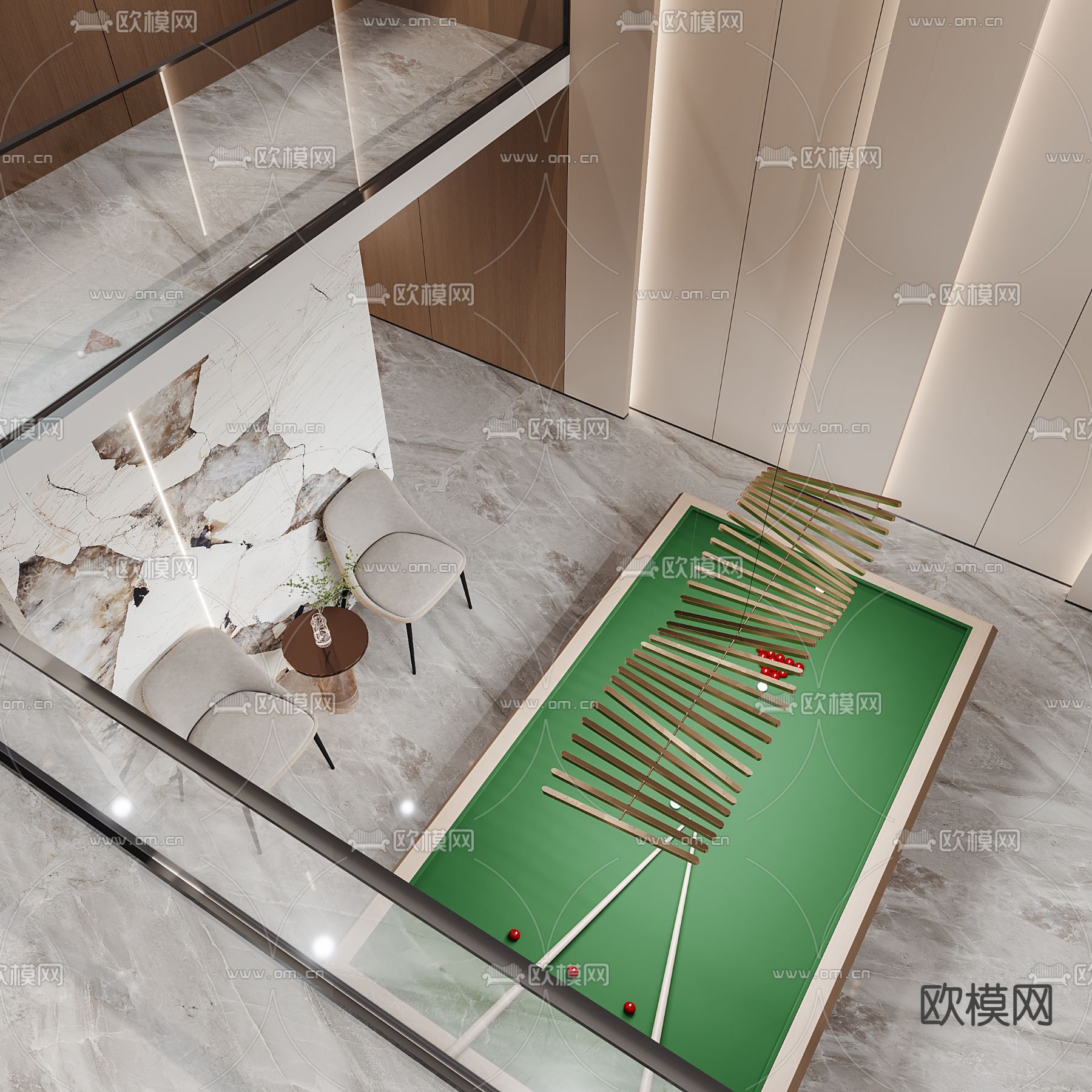 现代挑空别墅台球室休闲客厅3d模型下载（渲染图5）