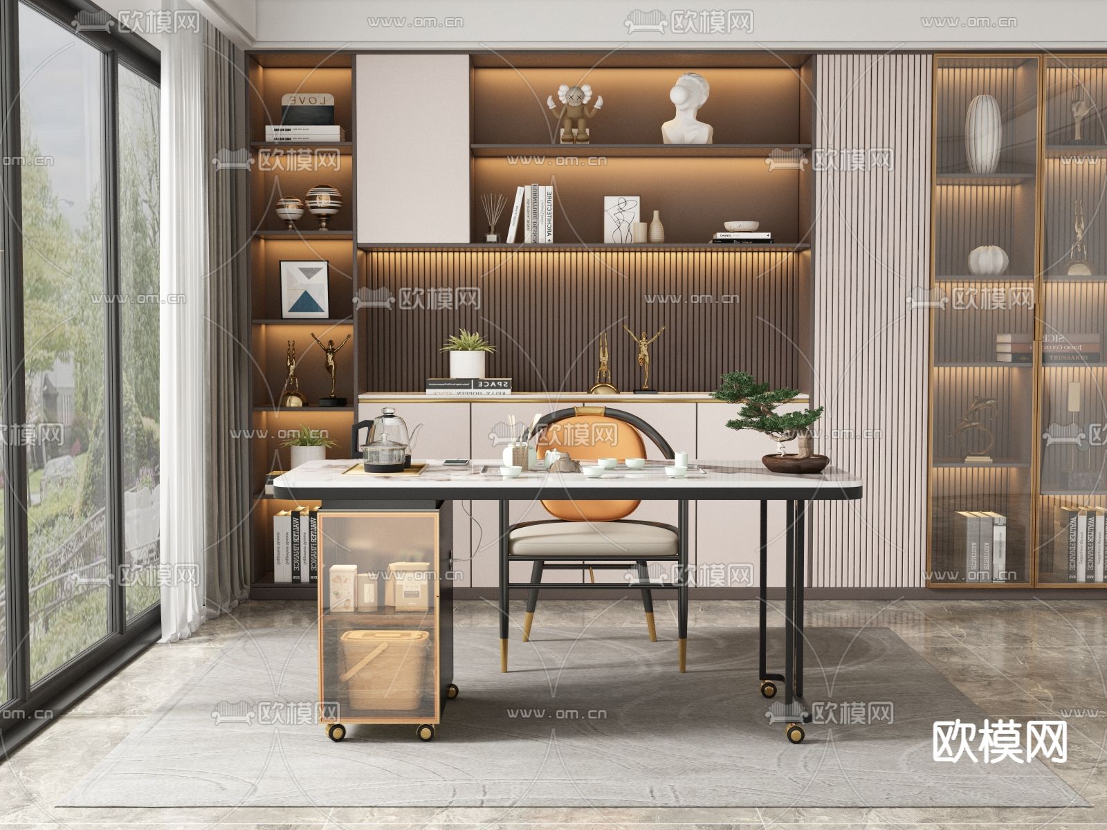 现代大理石茶桌椅3d模型下载（渲染图2）