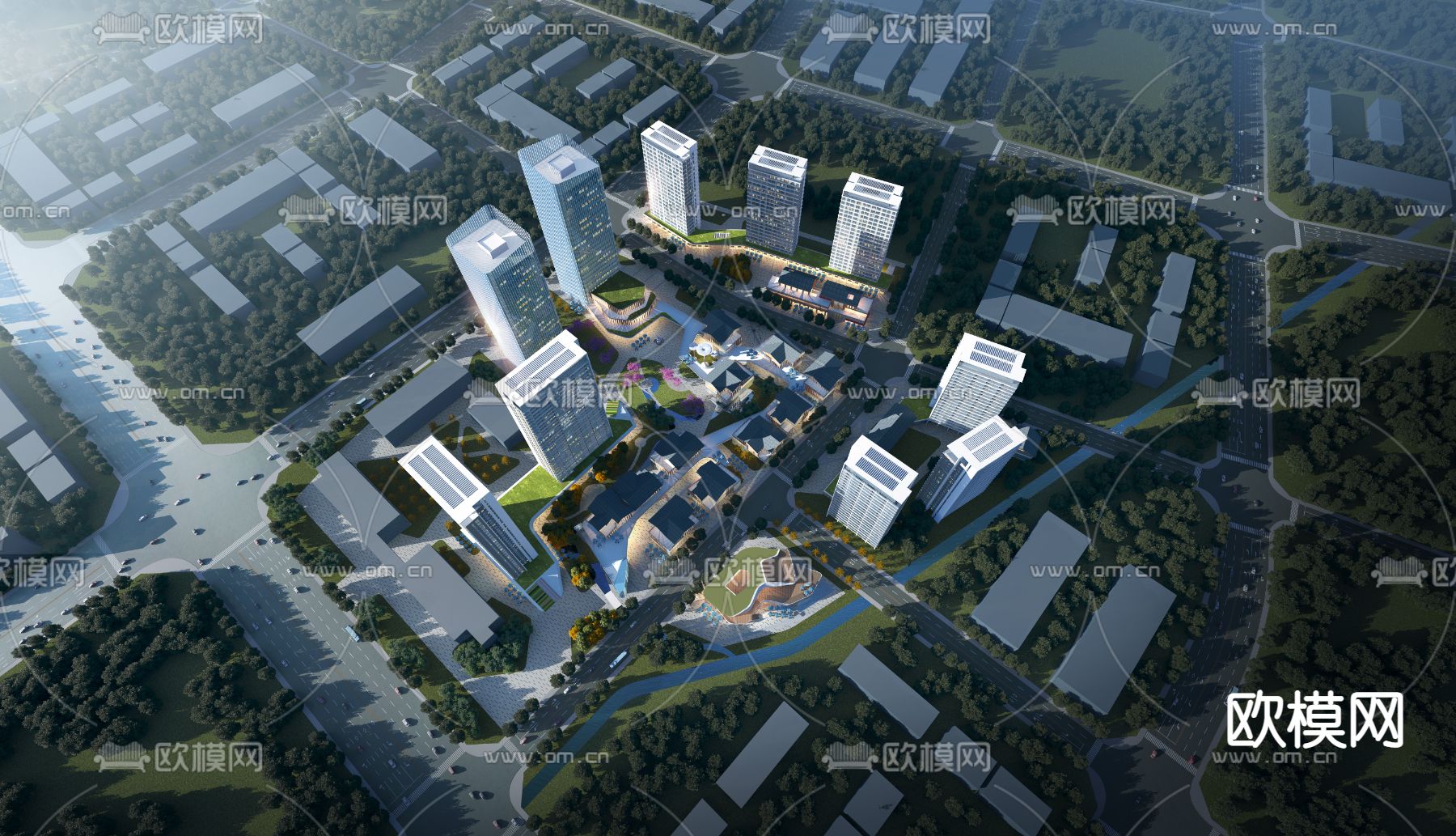 现代高层办公楼鸟瞰3d模型下载