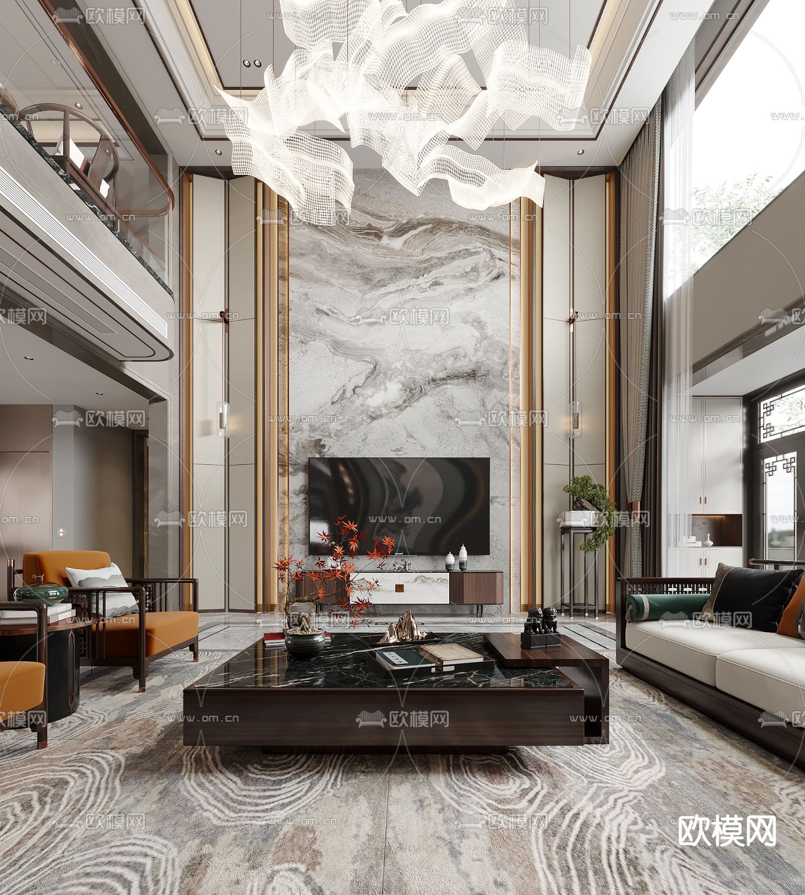 新中式挑空别墅客厅餐厅3d模型