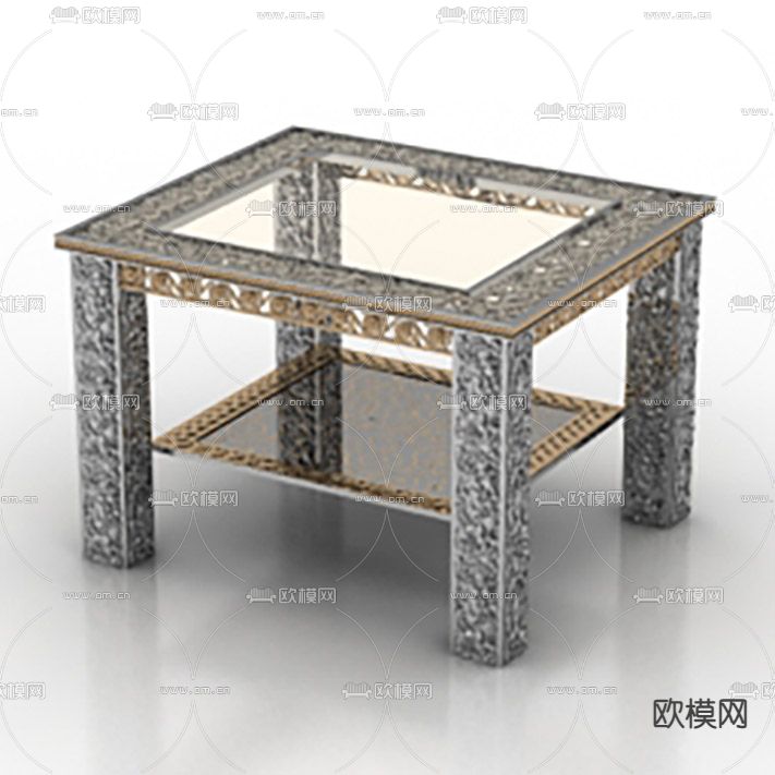 欧式复古铁艺镂空雕花玻璃艺术茶几免费3d模型下载