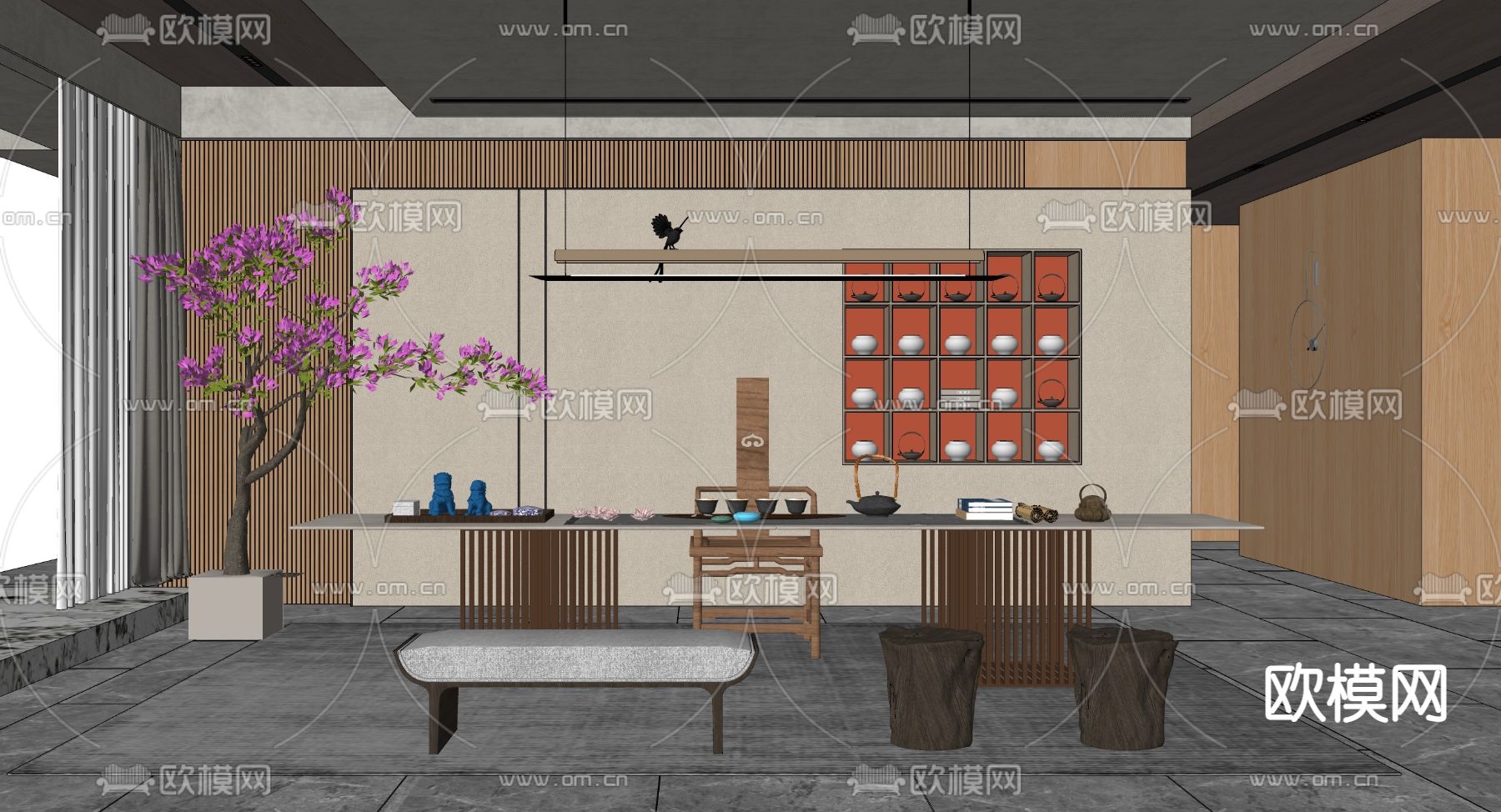 新中式茶室su模型下载