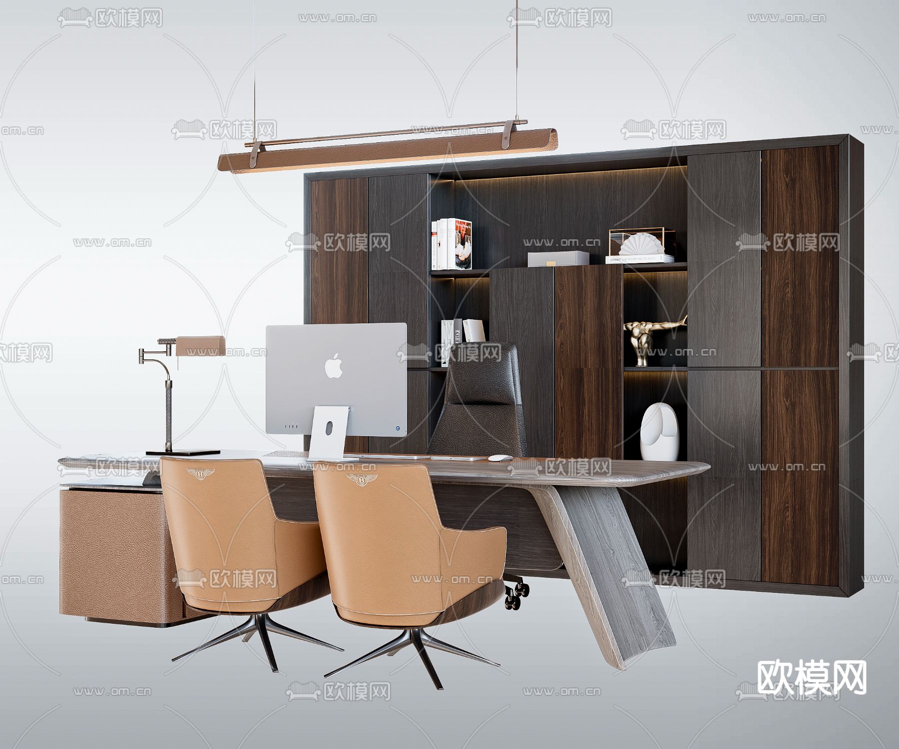 现代实木班台桌椅3d模型下载（渲染图1）