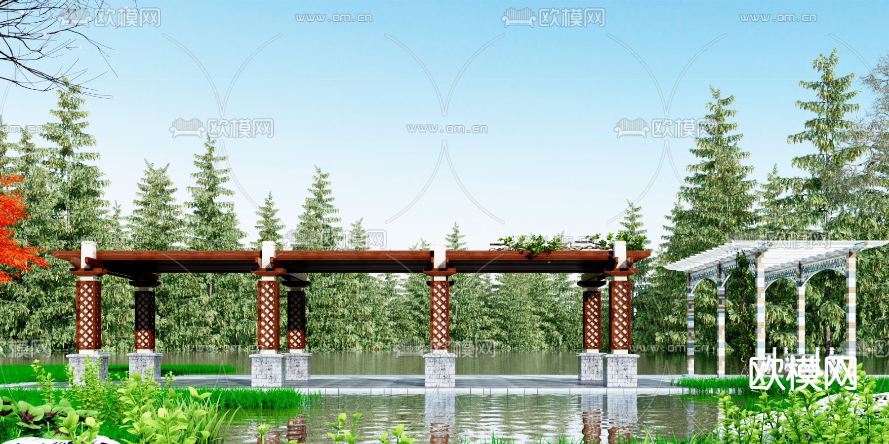 中式花架廊架3d模型下载