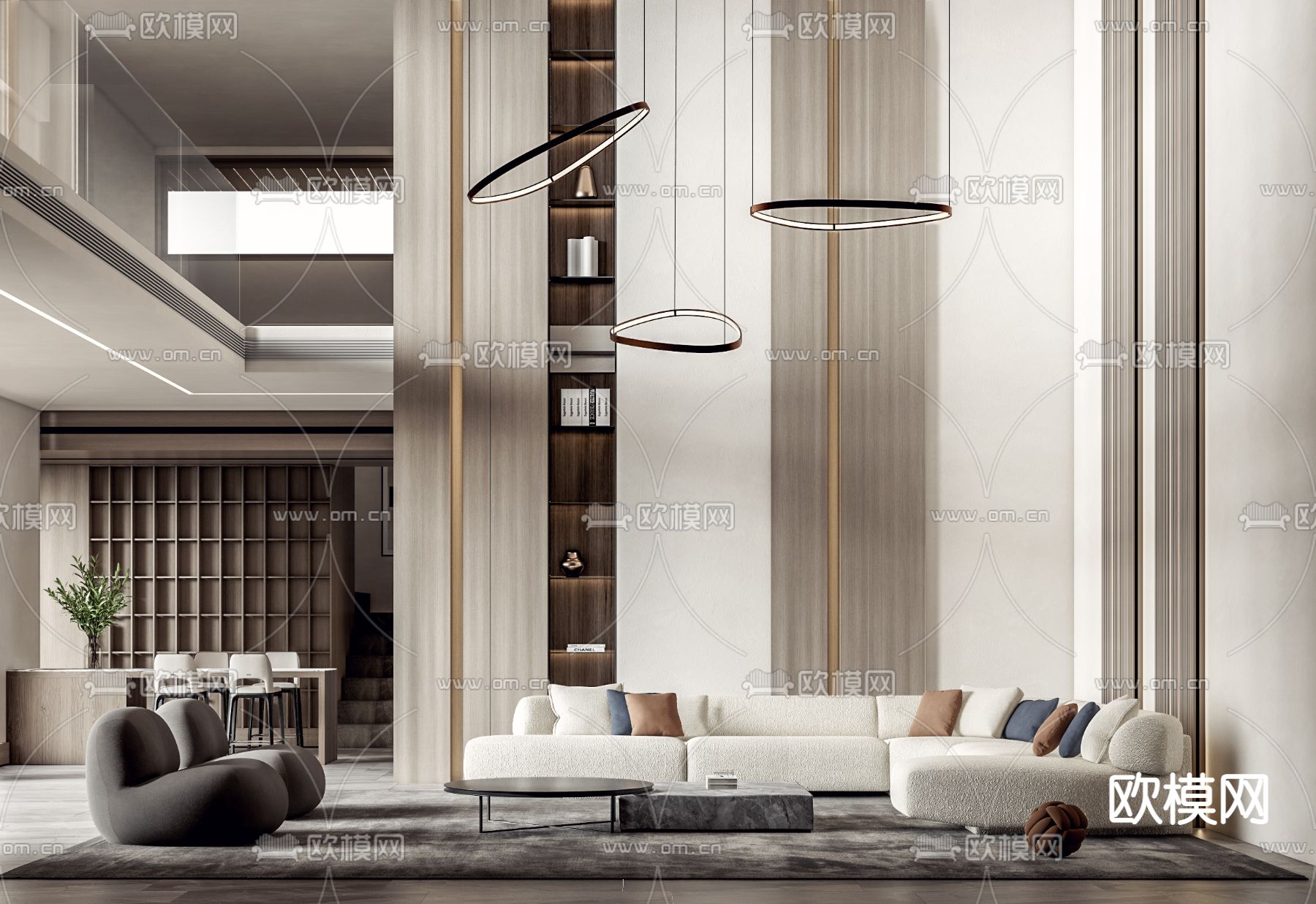 现代别墅挑高客厅su模型下载（渲染图1）