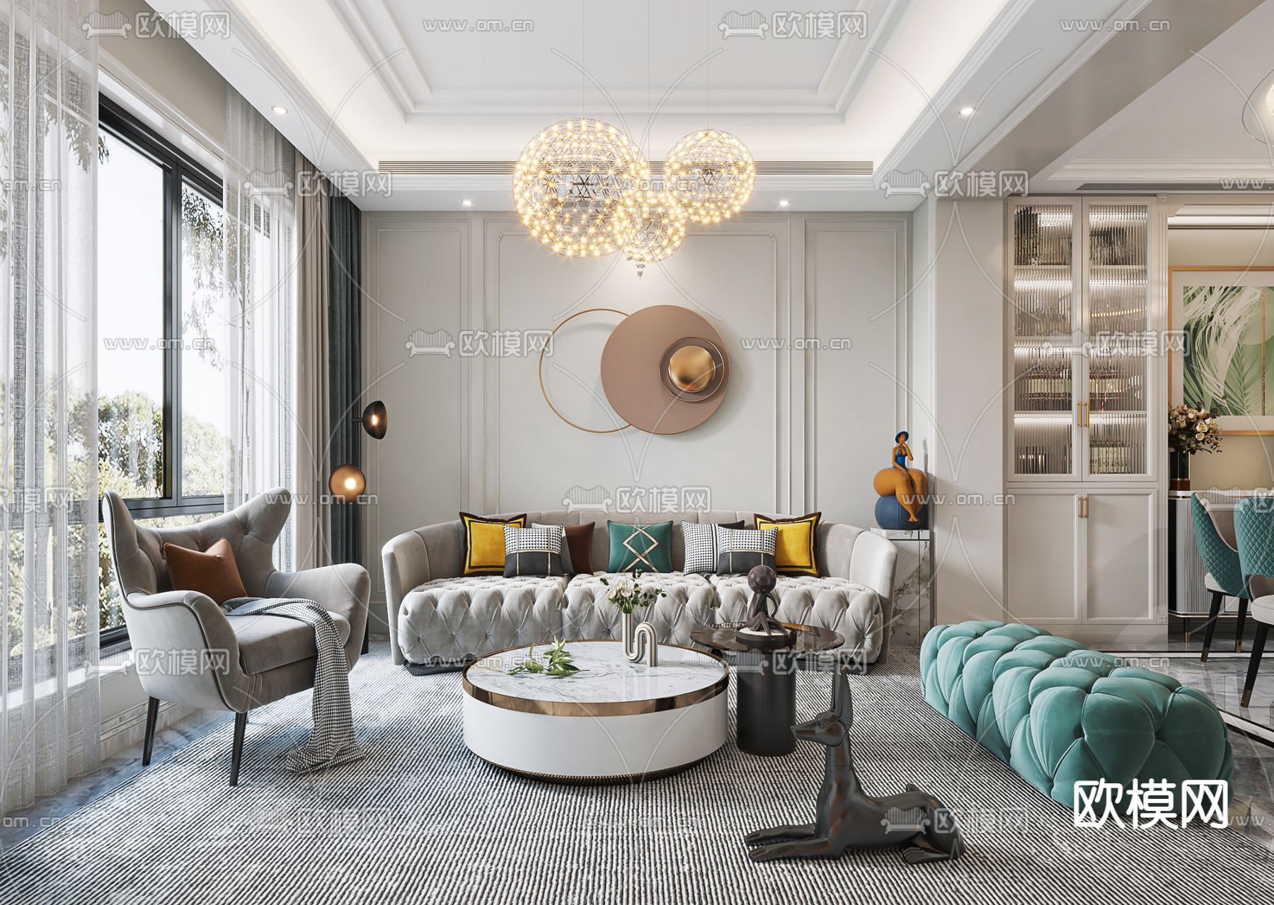 简欧轻奢客厅餐厅3d模型下载（渲染图1）