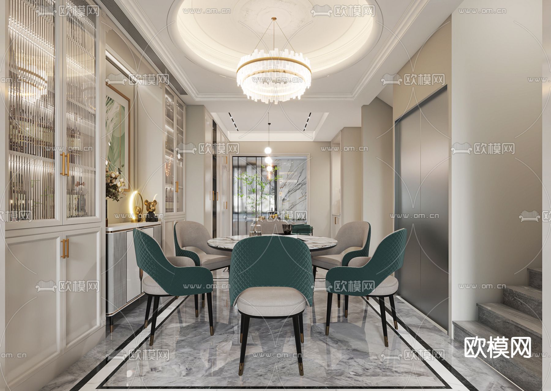 简欧轻奢客厅餐厅3d模型下载（渲染图3）