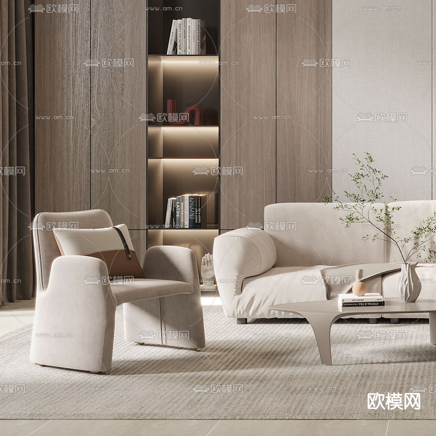 现代奶油风沙发组合3d模型下载（渲染图2）