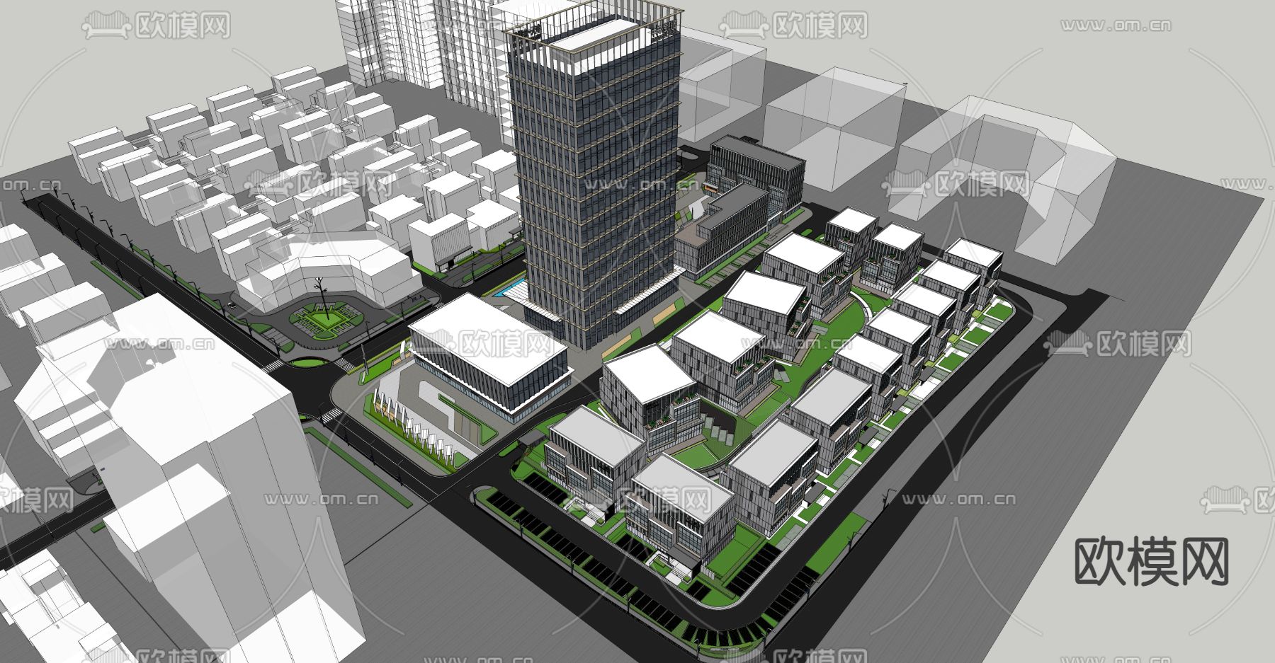 现代办公楼鸟瞰su模型下载（渲染图1）