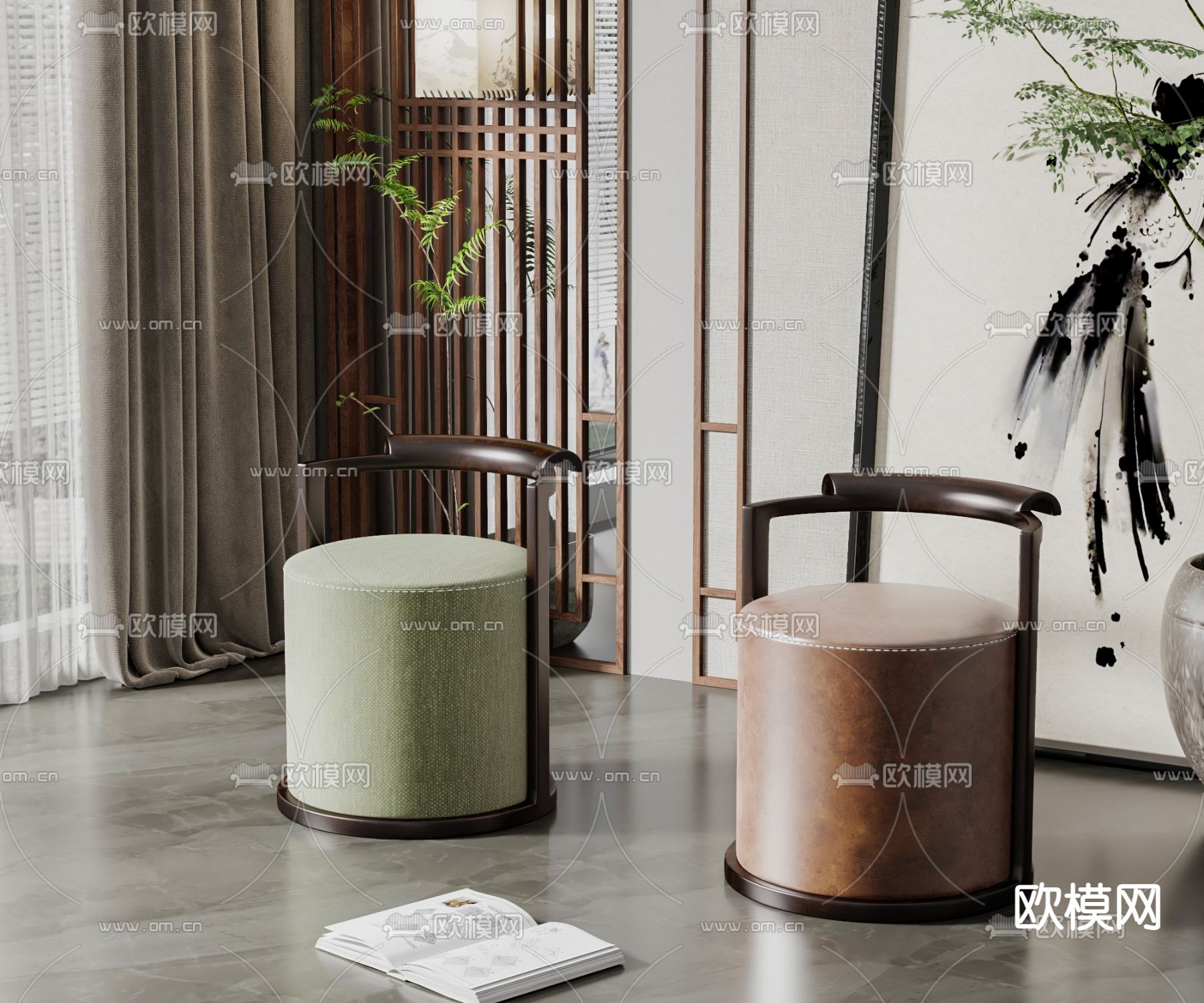 新中式单人沙发3d模型下载