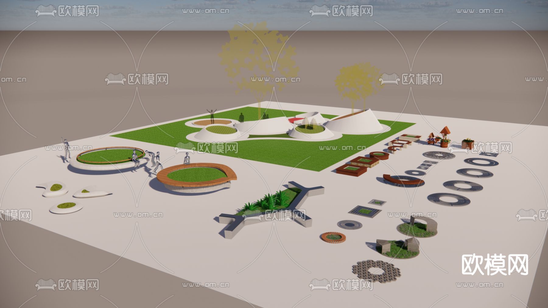 现代户外异形树池座椅su模型下载（渲染图2）