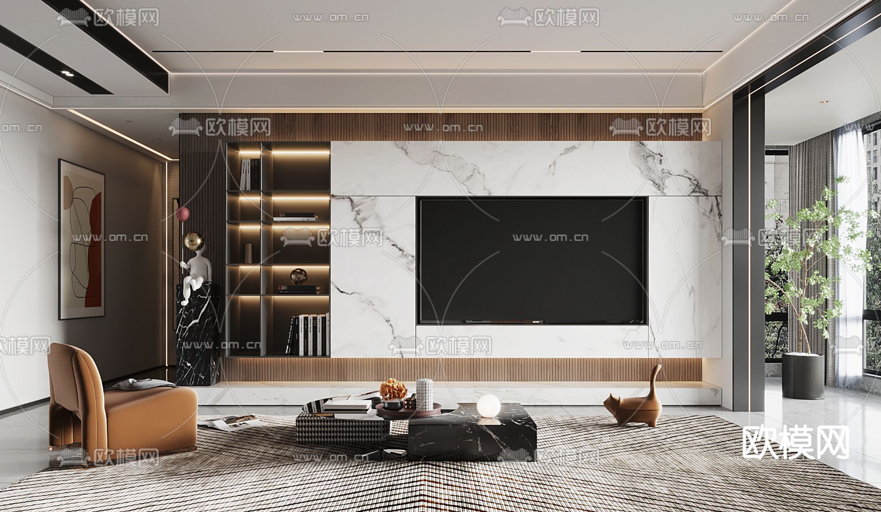 现代轻奢客厅3d模型下载（渲染图2）