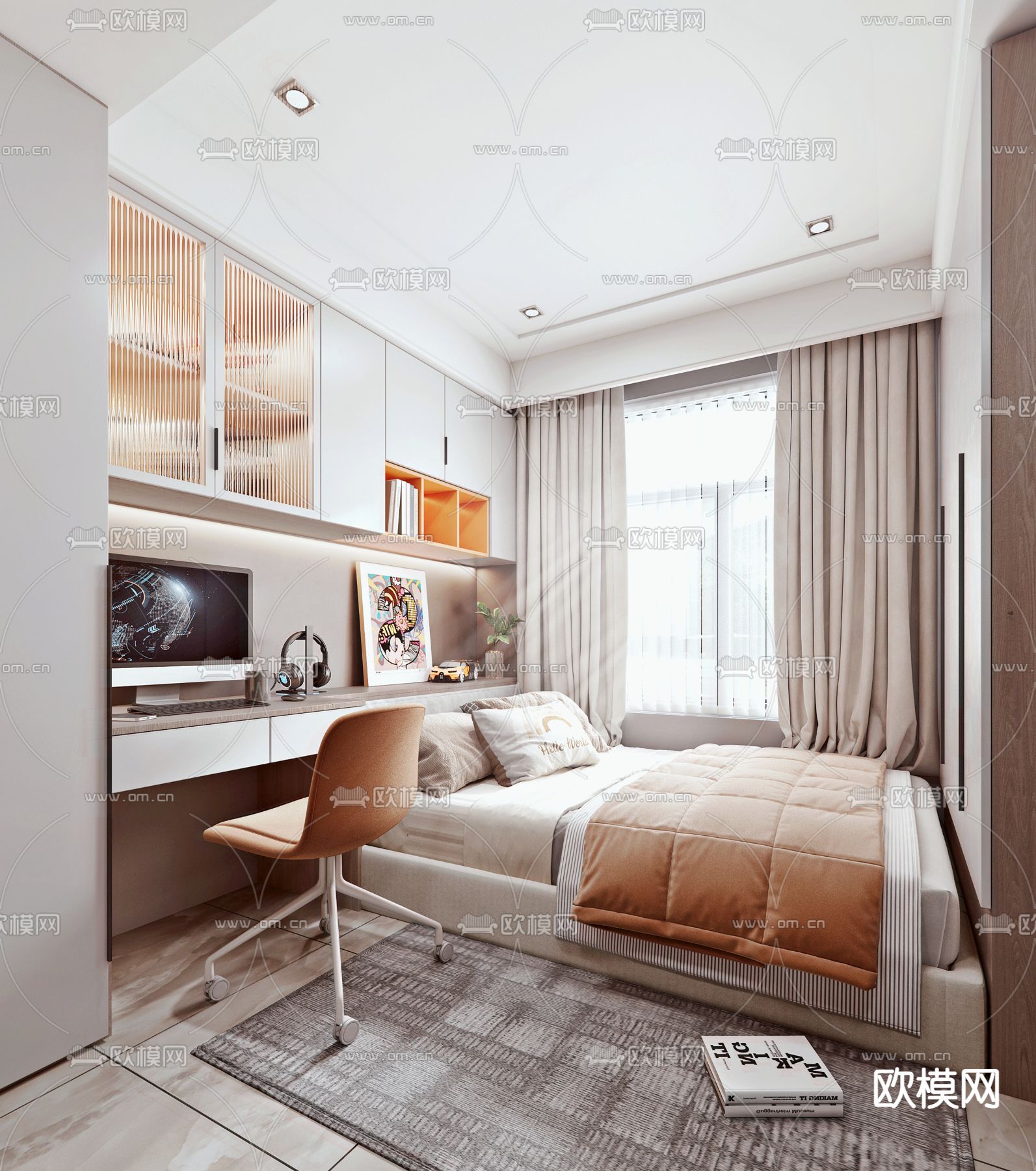 现代奶油风榻榻米卧室3d模型下载