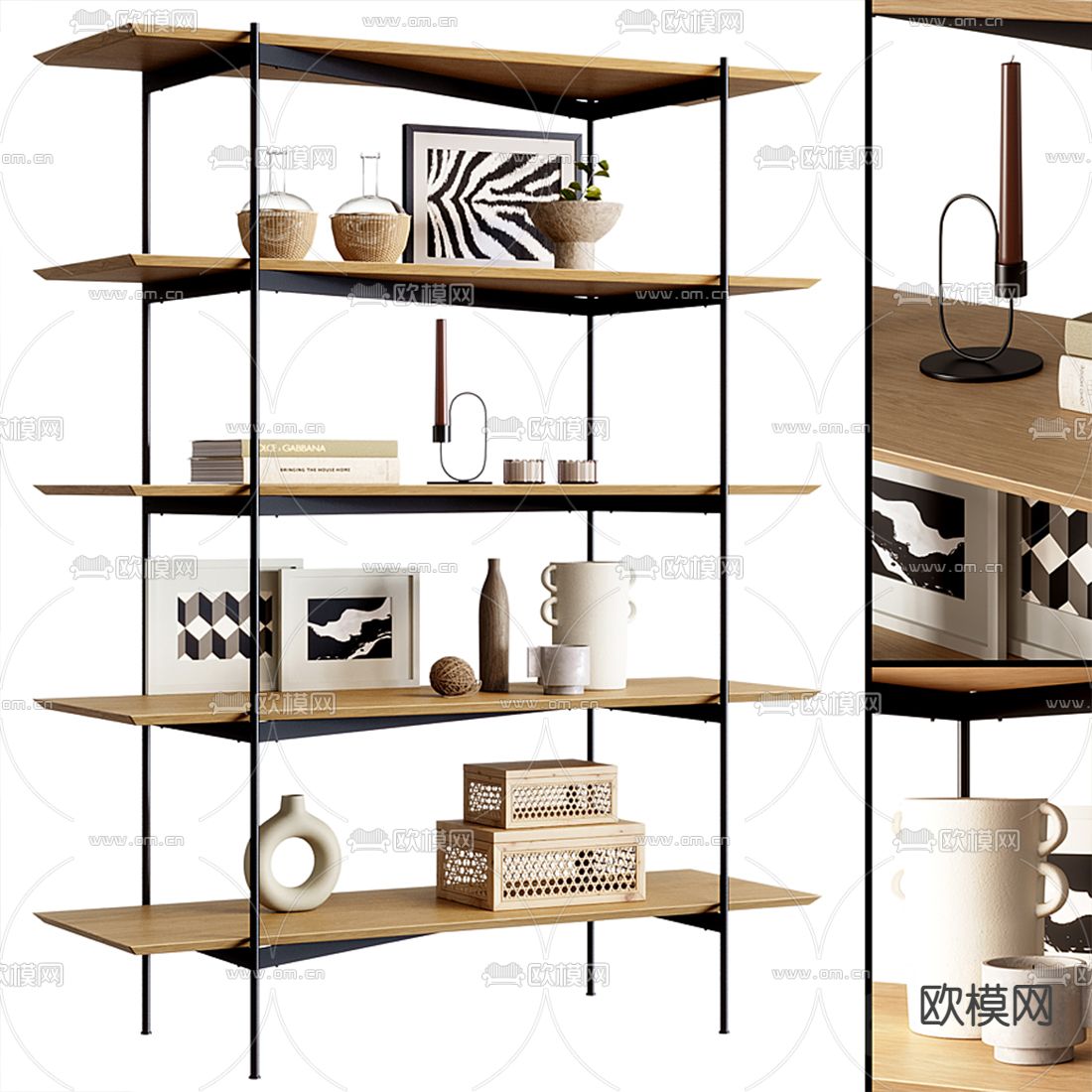 北欧铁架木质装饰架置物架3d模型下载（渲染图1）