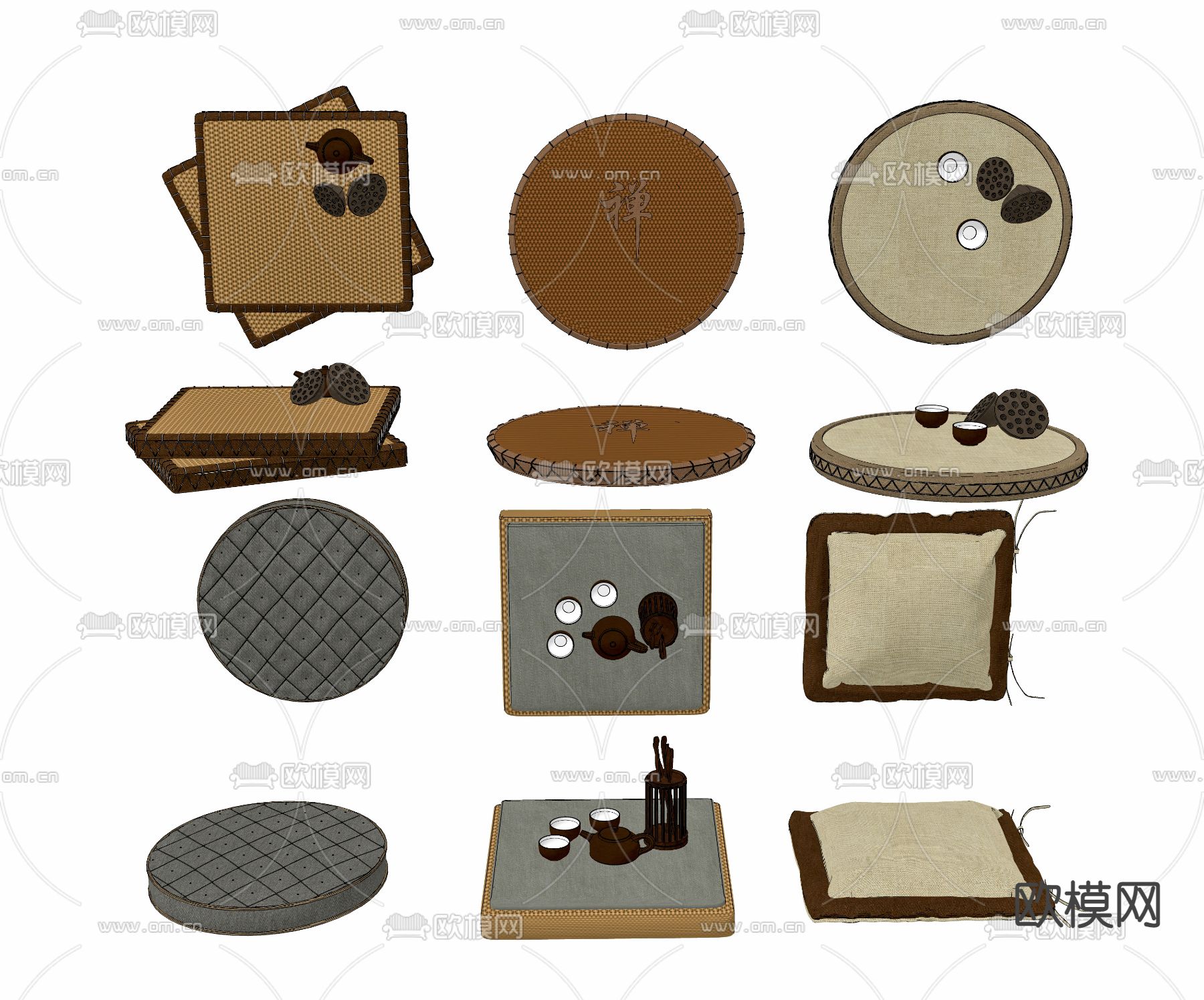 新中式禅意蒲团坐垫su模型下载（渲染图2）