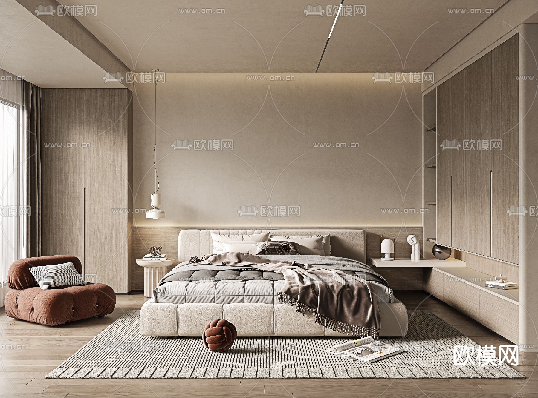 侘寂风卧室主人房su模型下载（渲染图1）